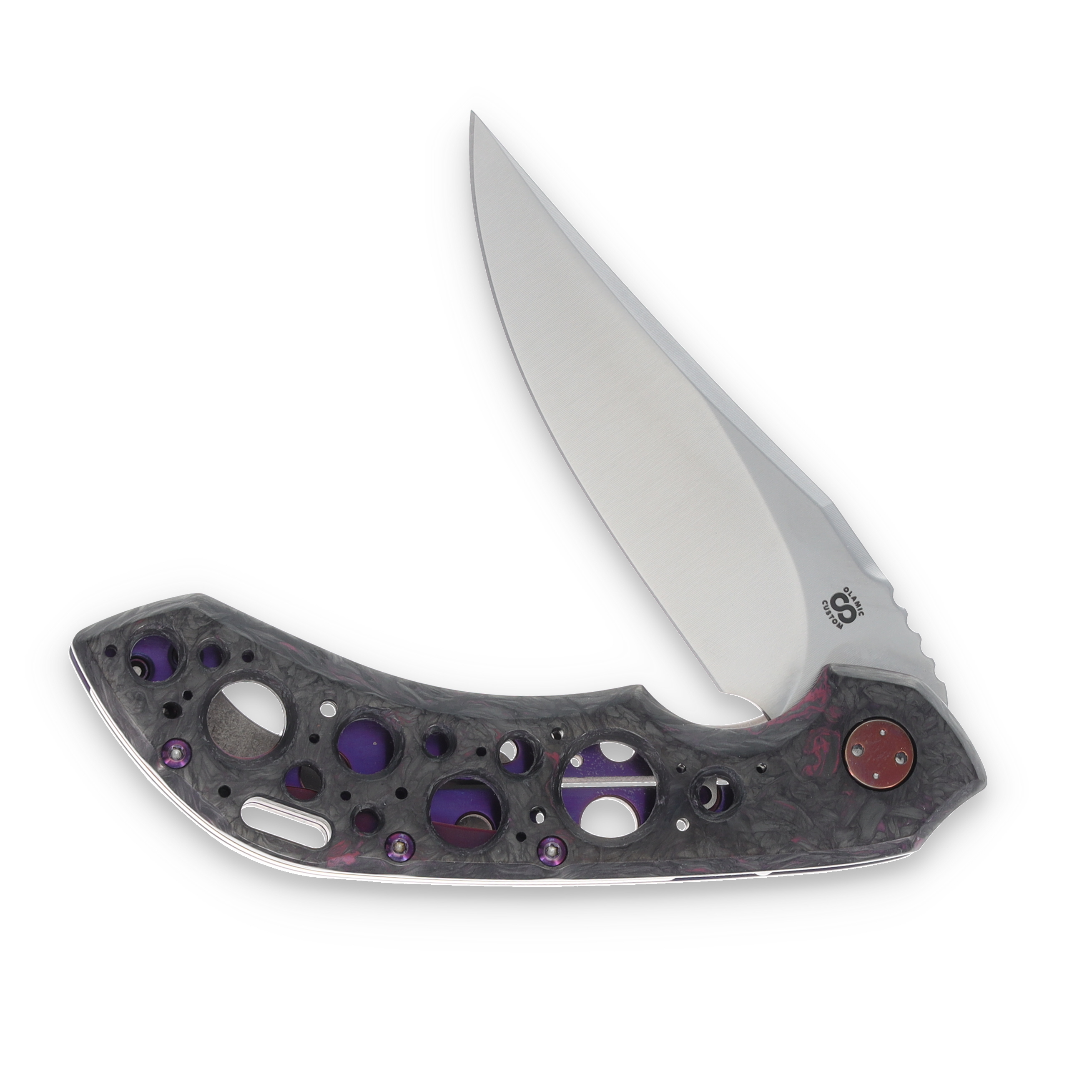 Olamic Wayfarer 247 Folding Knife T-046B Dark Matter FatCarbon/Jeweled Purple with Acid Rain Cutouts T046B View 3