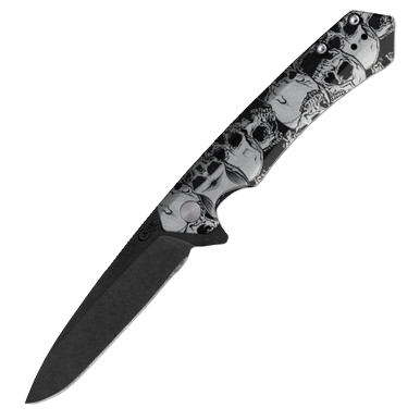 Case XX Kinzua Folding Knife S35VN Spear Point Black Anodized Aluminum Skull Handle Artwork View 1