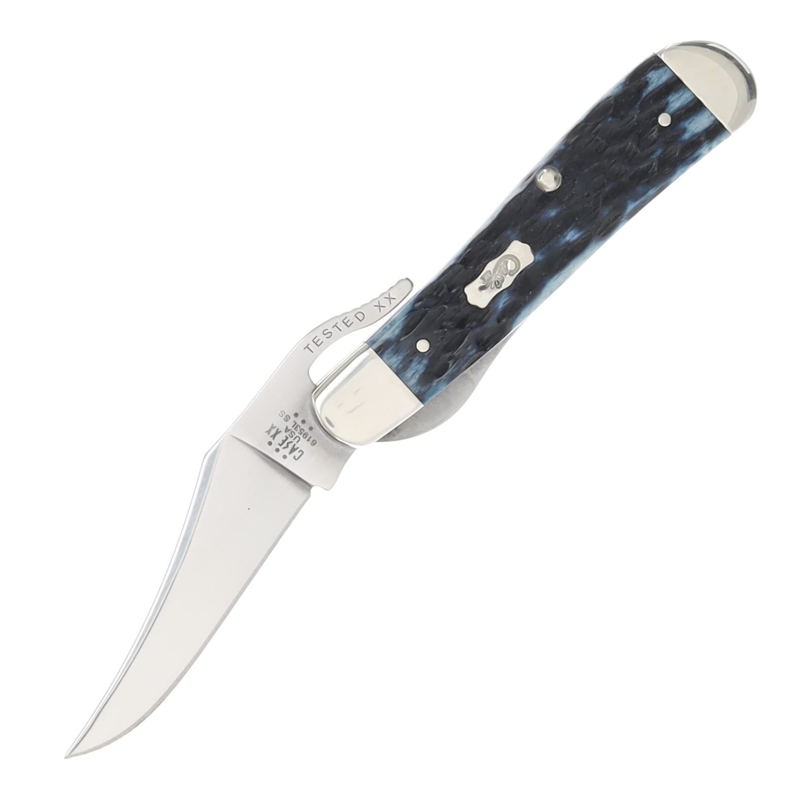 Case Pocket Worn Mediterranean Blue Peach Seed Jigged Bone RussLock Folding Knife CA51859 View 2