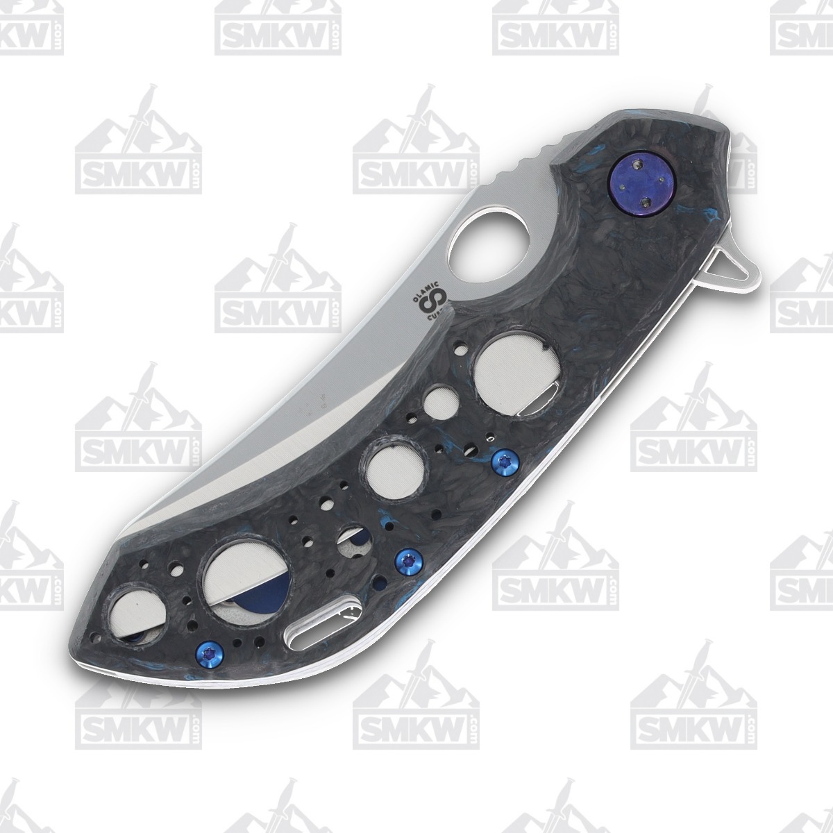 Olamic Wayfarer 247 Folding Knife T-056M Dark Matter FatCarbon/Matte Blue with Acid Rain Cutouts T056M View 6