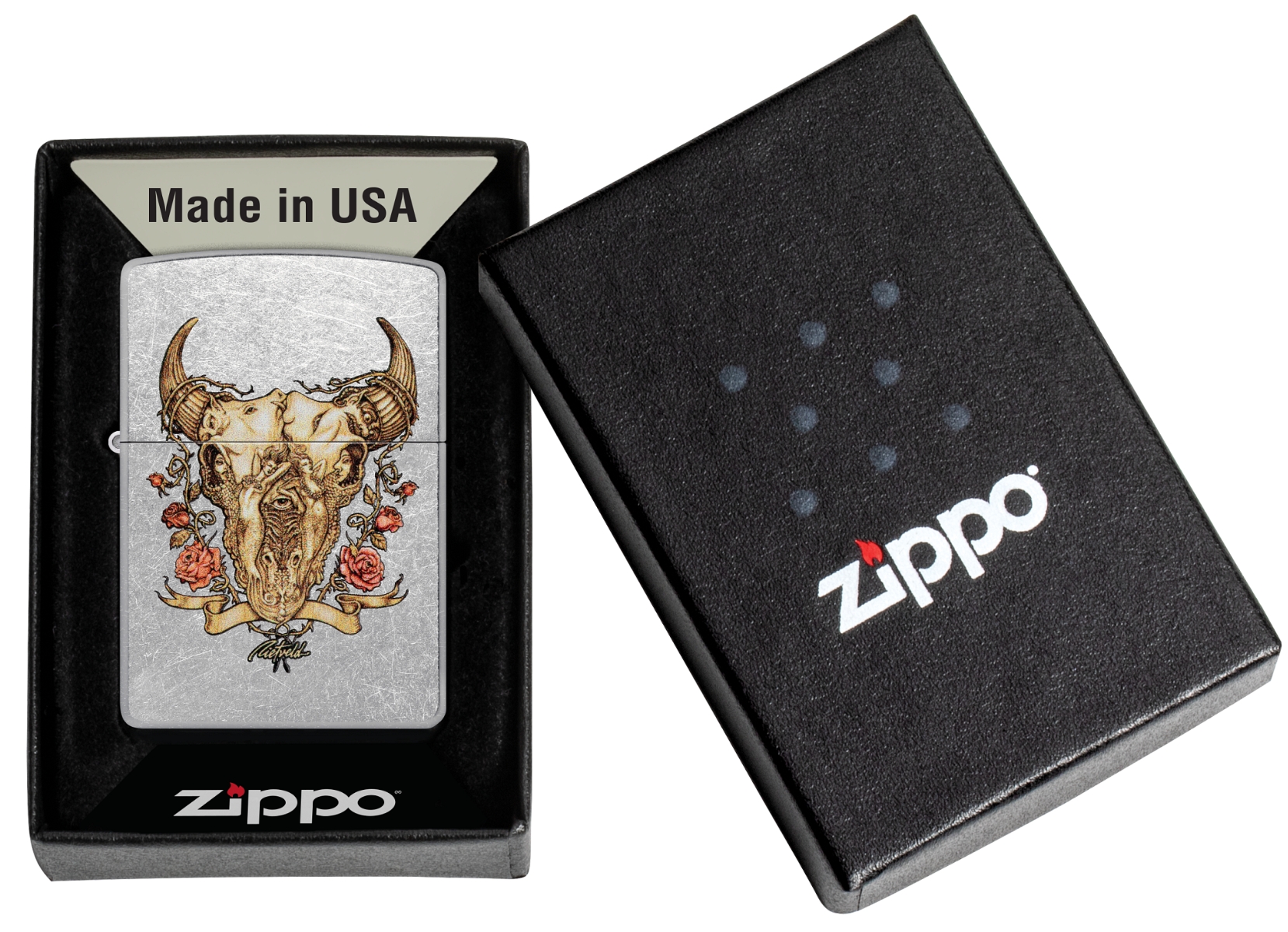 Zippo Rick Rietveld Cow Skull and Roses Lighter ZP48559 View 1