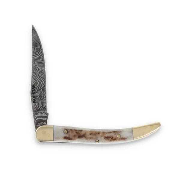 Brass Stag Folding Knife 2.75in Plain Edge Damascus Stag Handle DM1354 View 7