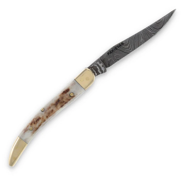 Brass Stag Folding Knife 2.75in Plain Edge Damascus Stag Handle DM1354 View 10