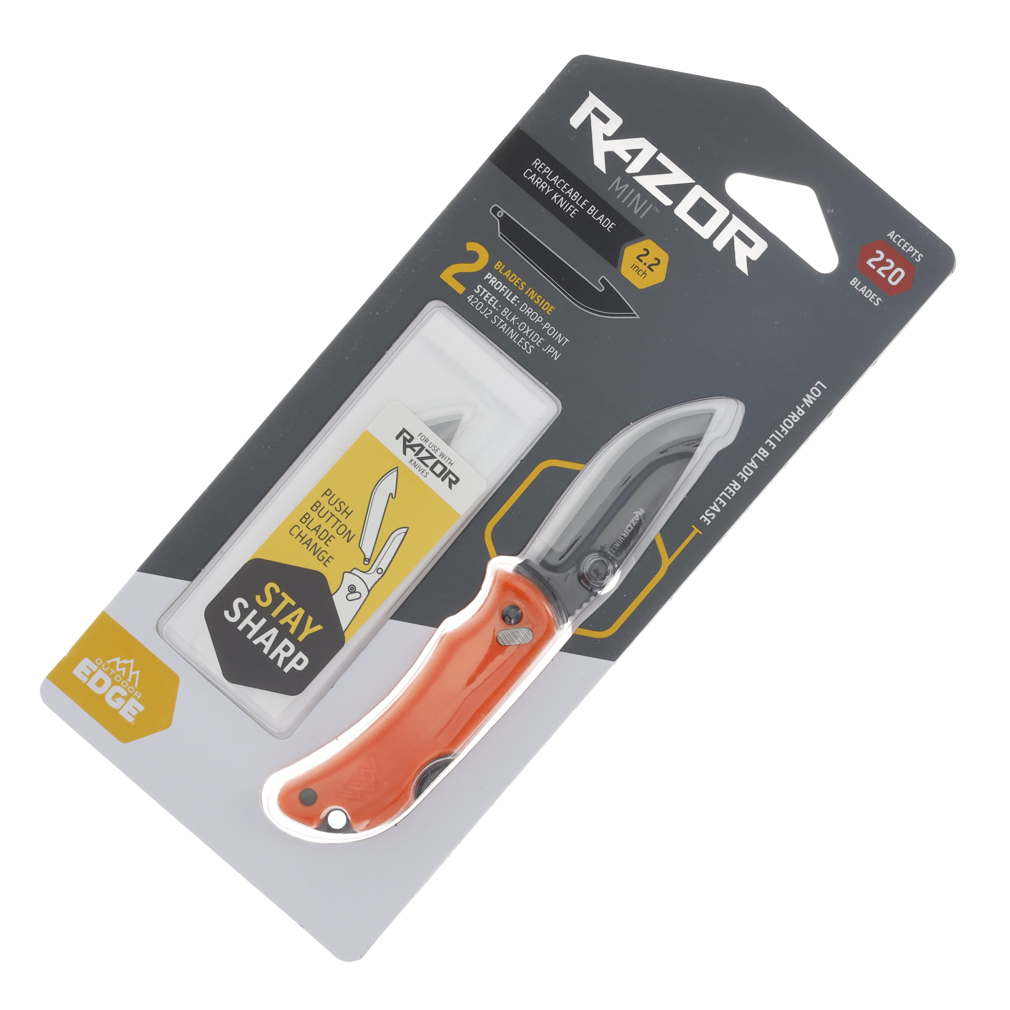 Outdoor Edge 2.2" Razor-Mini Folding Knife (Orange PMS, Black 2 Drop-Point Blades) OERMB22-2C View 4
