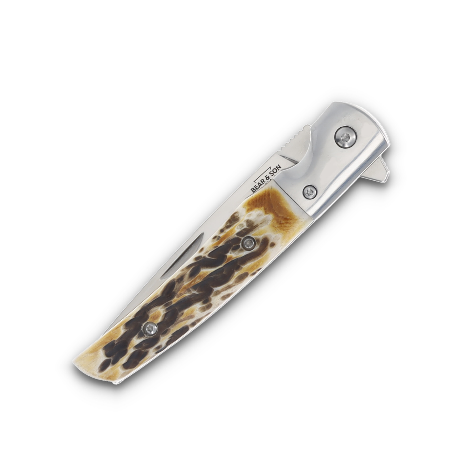 Bear & Son Sideliner Rancher Stag Bone 3.37in Plain Satin Drop Point BR521 View 5