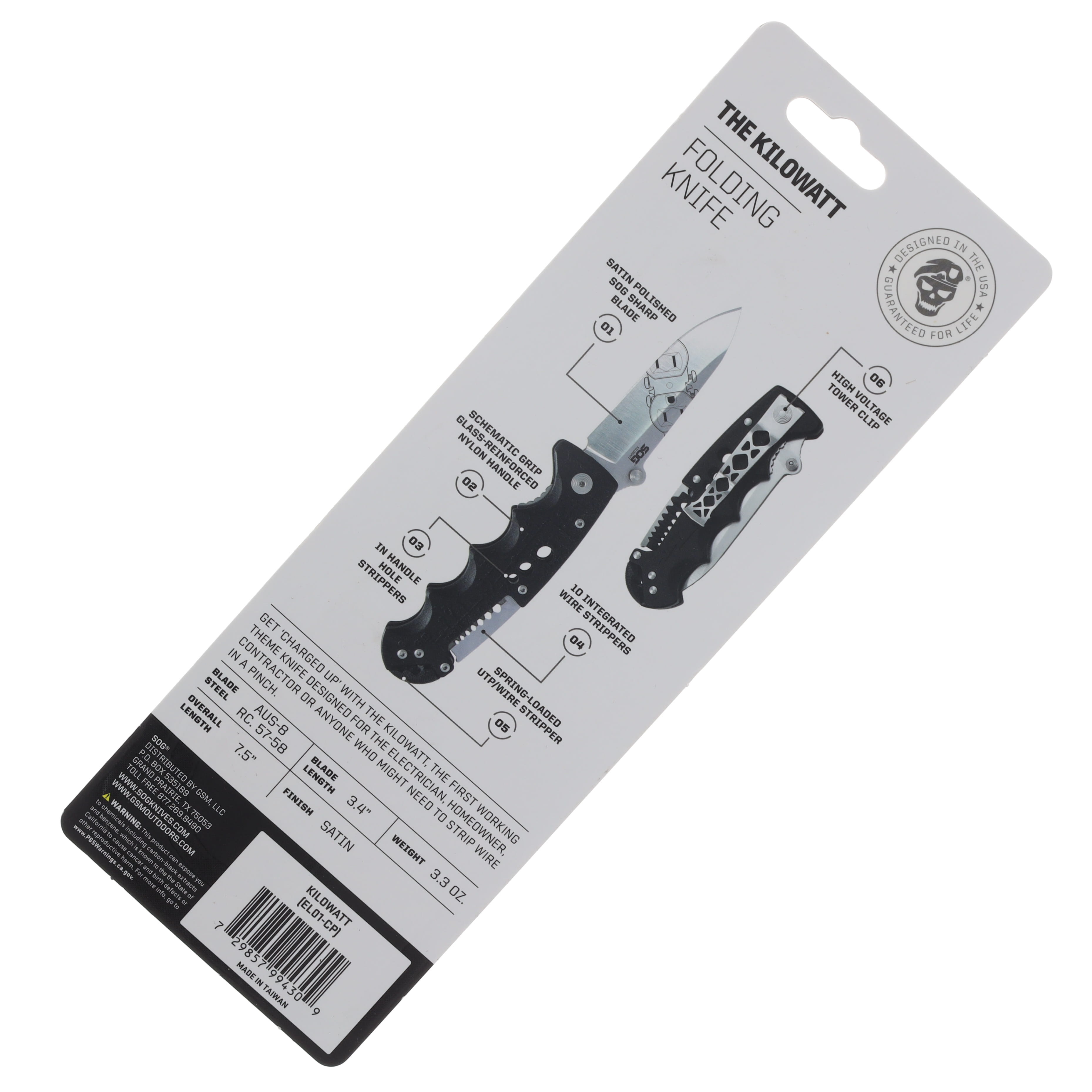 SOG Kilowatt Folding Knife Black GRN Handle 3.4in AUS-8 Clip Point Blade SOGEL01 View 10
