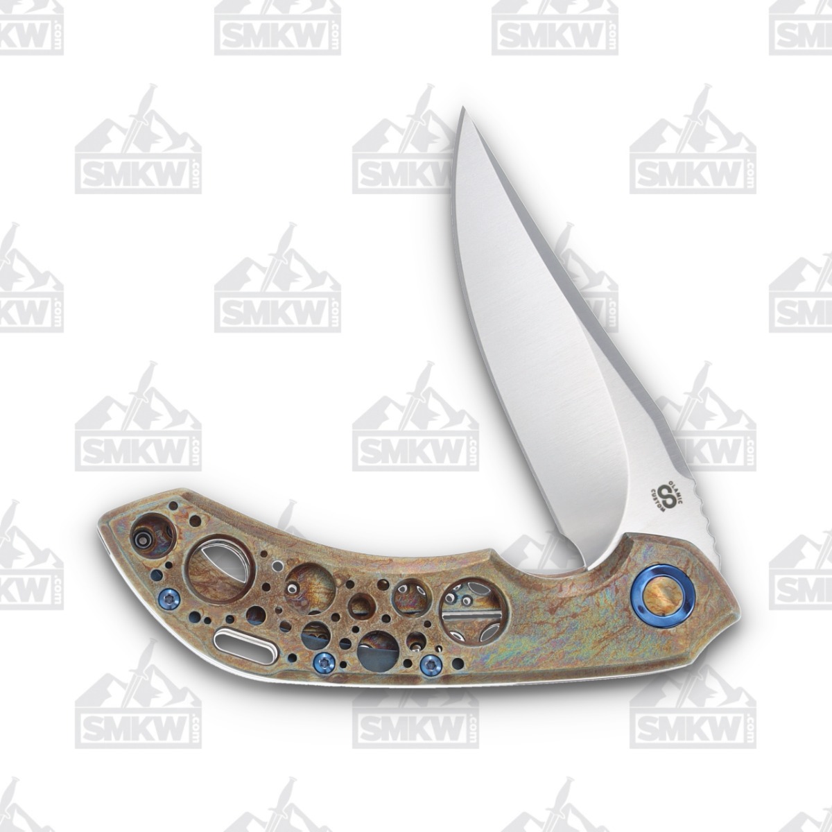 Olamic Wayfarer 247 Bowie S90V Blade TI/Neontropic Handle Acid Rain Holes T111B T111B View 3