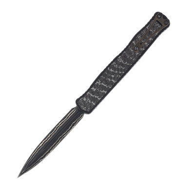 Heretic Cleric II OTF Automatic Knife Snakeskin FatCarbon - 4.25in Baker Forge Damascus Plain View 2