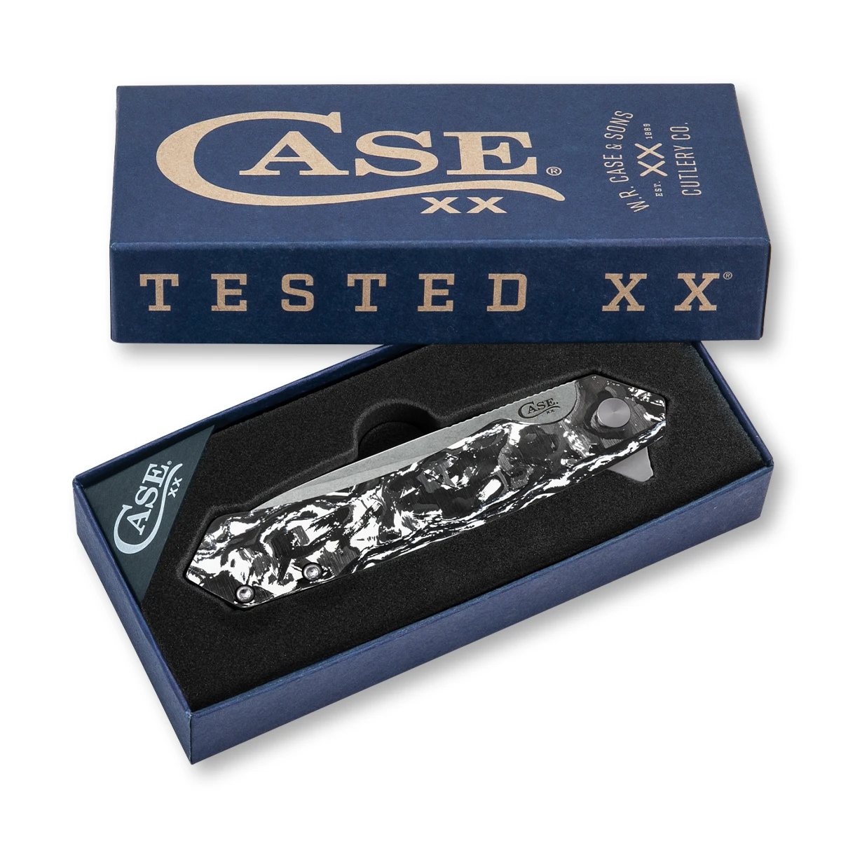 Case Kinzua Framelock Folding Knife (2023 Blade Show Edition, Black and White Marbled Carbon Fiber) CA64802 View 4