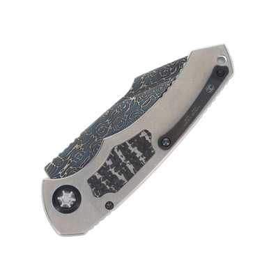 Heretic Pariah OTS Auto Knife Stonewashed Titanium FC Snakeskin  - 3.75in Vegas Forge Blued Damascus Clip Point Plain View 2