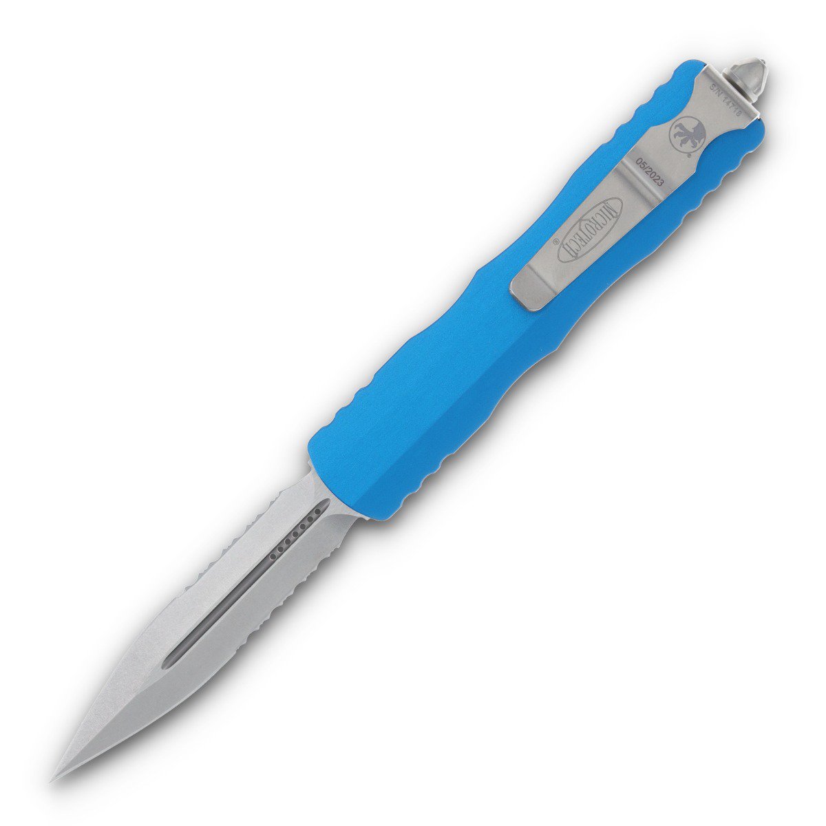 Microtech Dirac OTF Automatic Knife Stonewash Partially Serrated D/E Blue AUMT22511BL View 1