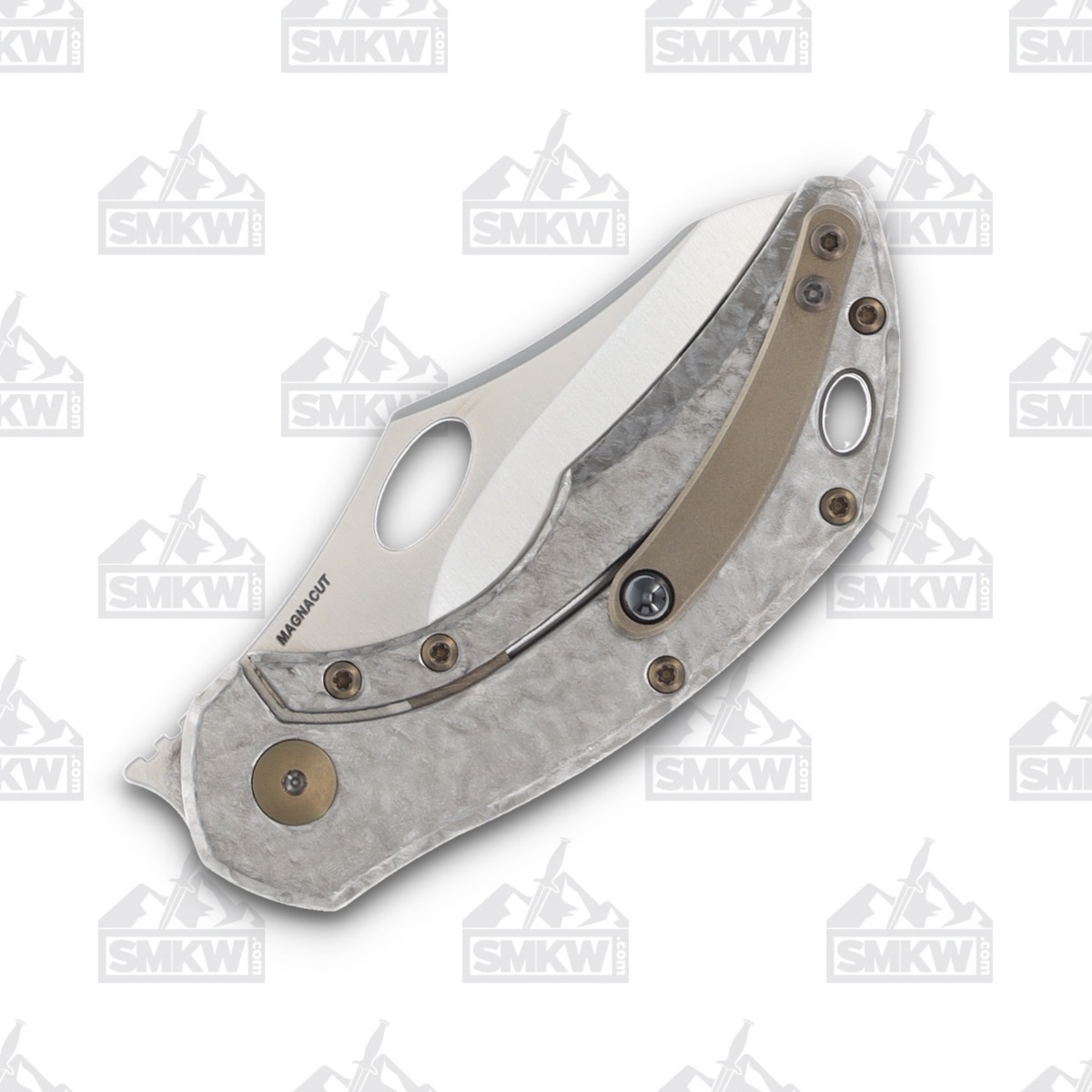 Olamic Busker Semper Folding Knife 016-S Satin Magnacut, Forged Gold FatCarbon BCF016S View 6