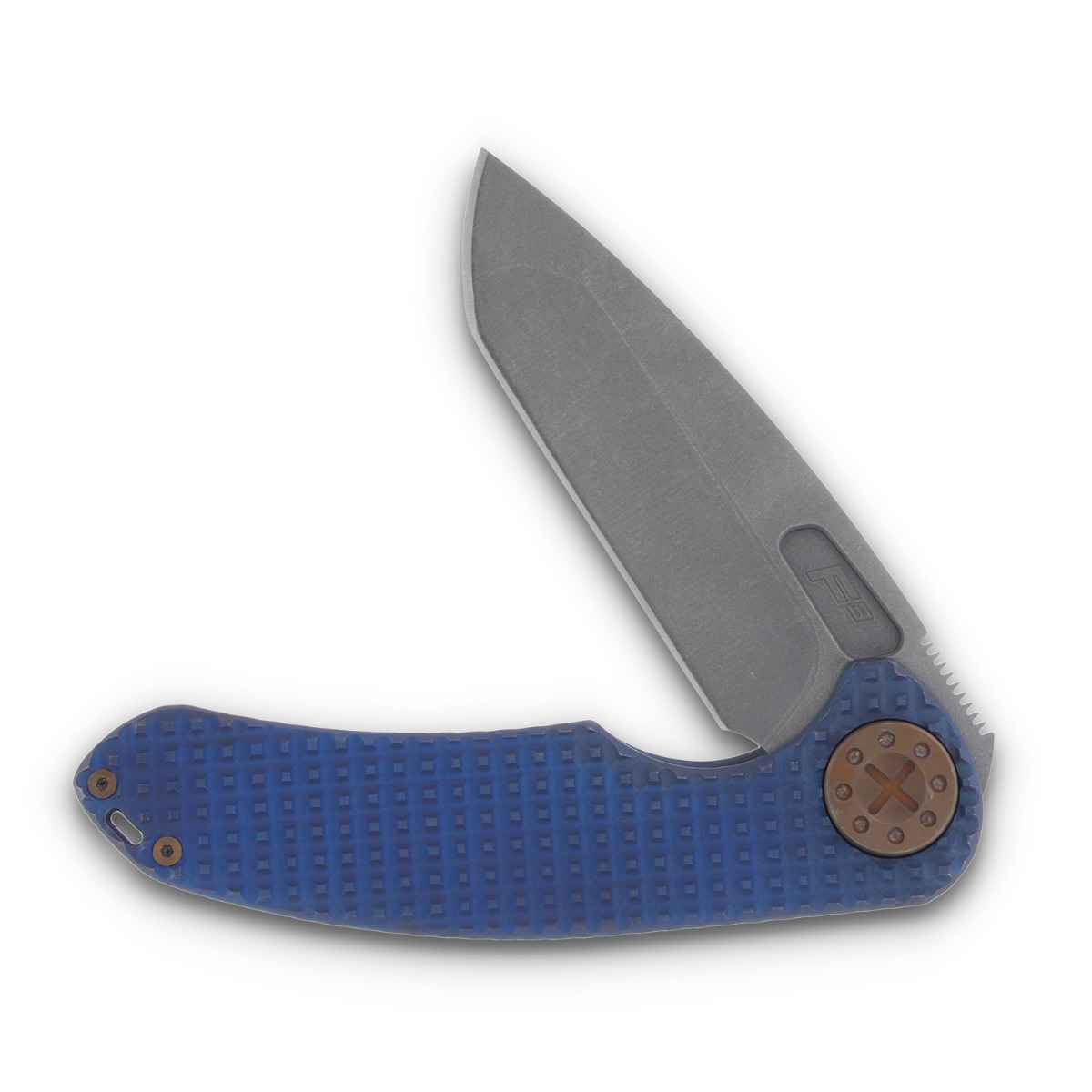 Curtiss Custom Knives F3 Large Framelock Folding Knife (Magnacut Spanto, Blue/Bronze Titanium) CCKF3LSPFFBL View 3