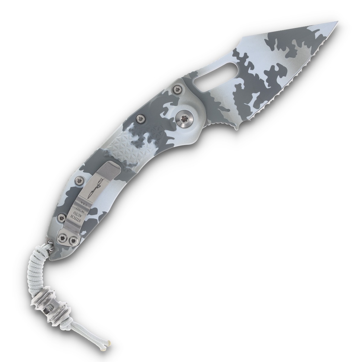 Microtech Stitch Out-the-Side Automatic Knife Arctic Camo Full Serrated AUMT1693ACS View 2