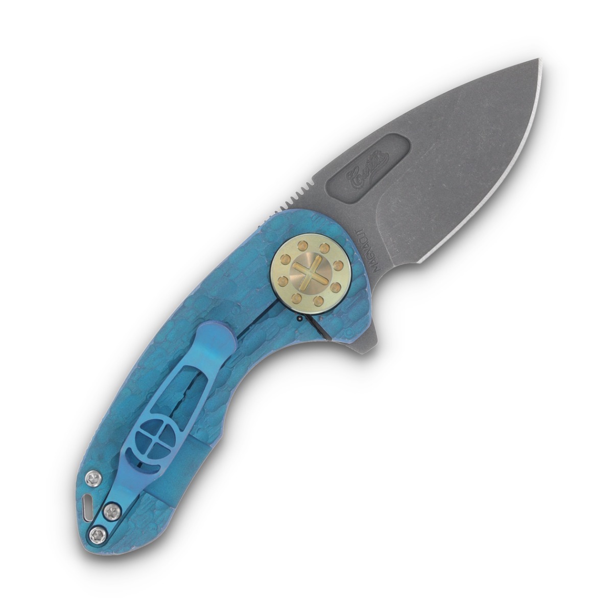 Curtiss Custom F3 Compact Framelock Folding Knife Magnacut Slicer/Aqua Blasted Yellow Titanium CCKF3CSLFFAY View 2