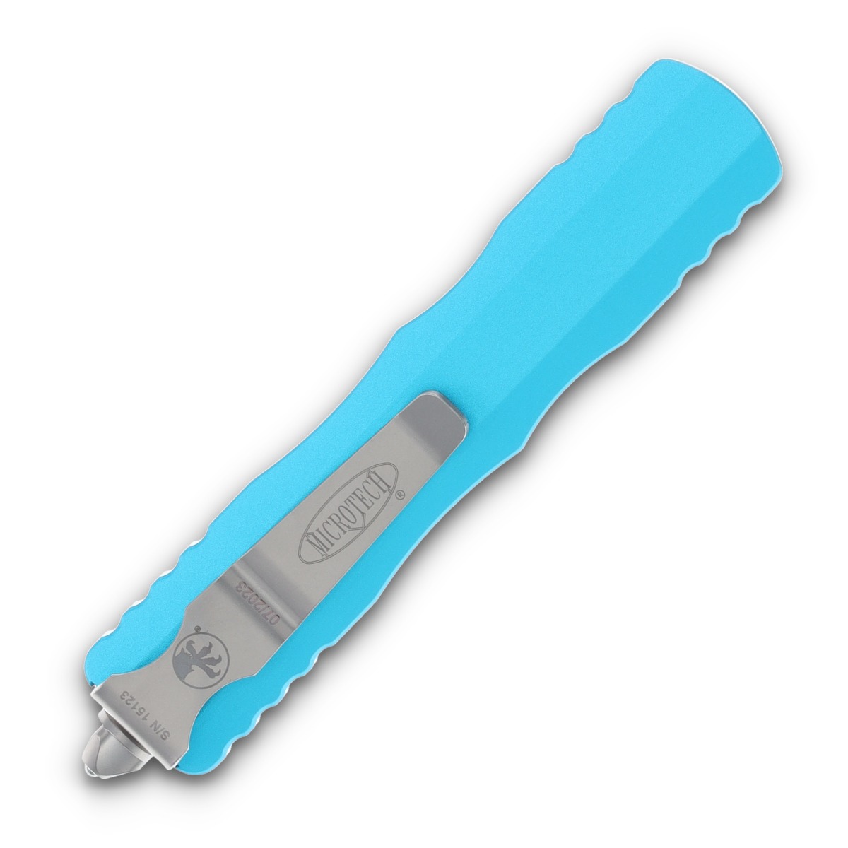 Microtech Dirac OTF Automatic Knife Stonewash Serrated D/E Turquoise AUMT22512TQ View 2