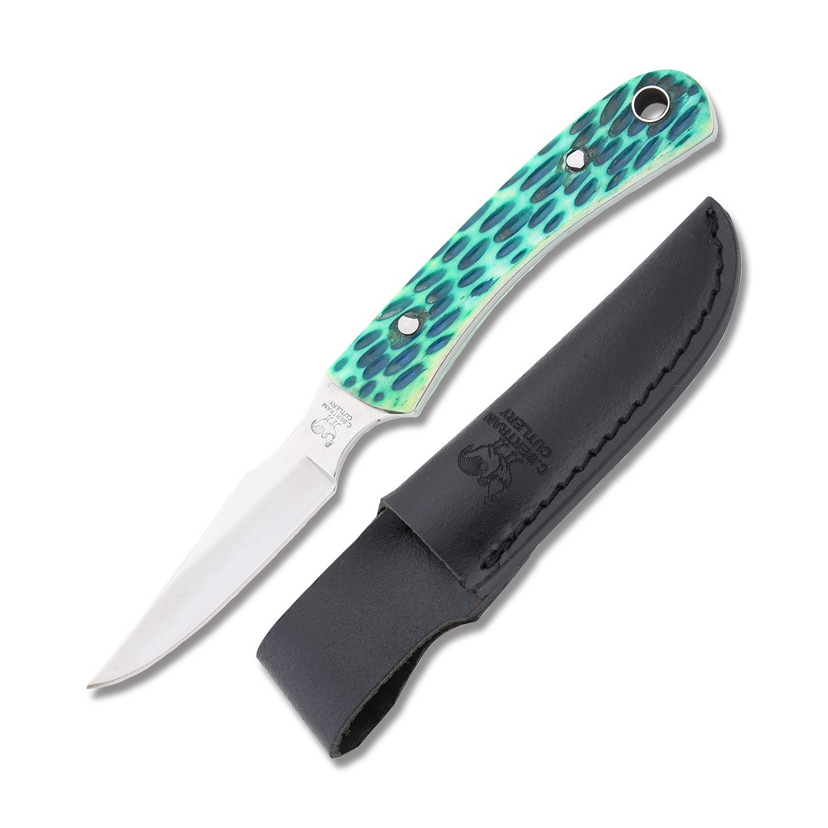 Hen & Rooster Antique Green Jigged Bone Caping Knife with Leather Sheath HR5025AGB View 1