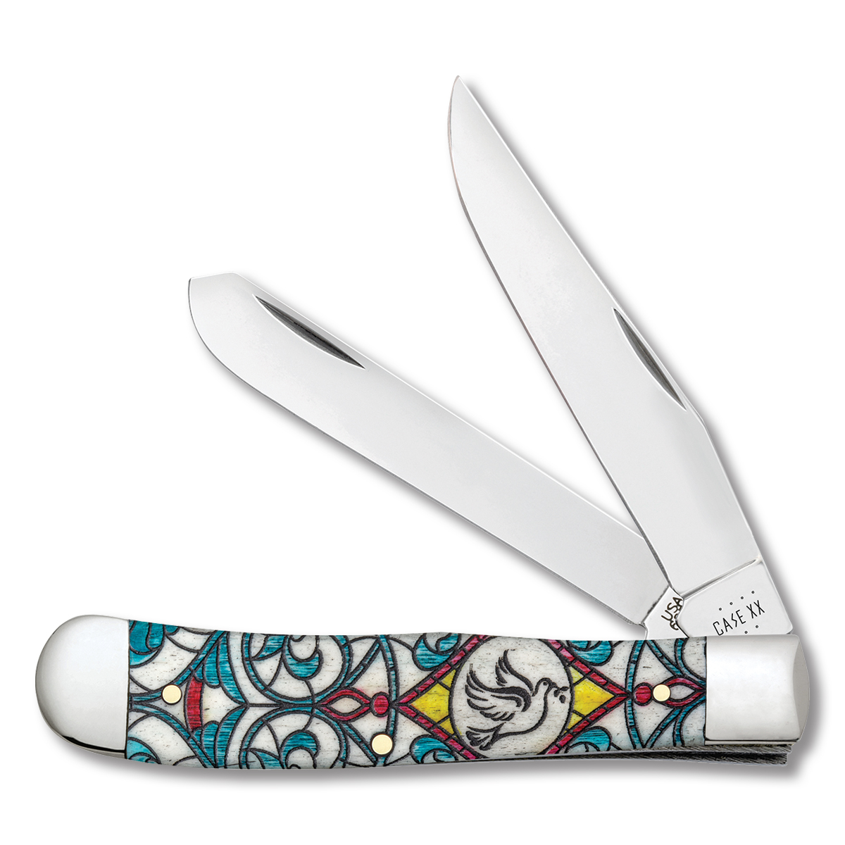 Case Stained Glass Dove Natural Bone Trapper Folding Knife CA38819 View 1