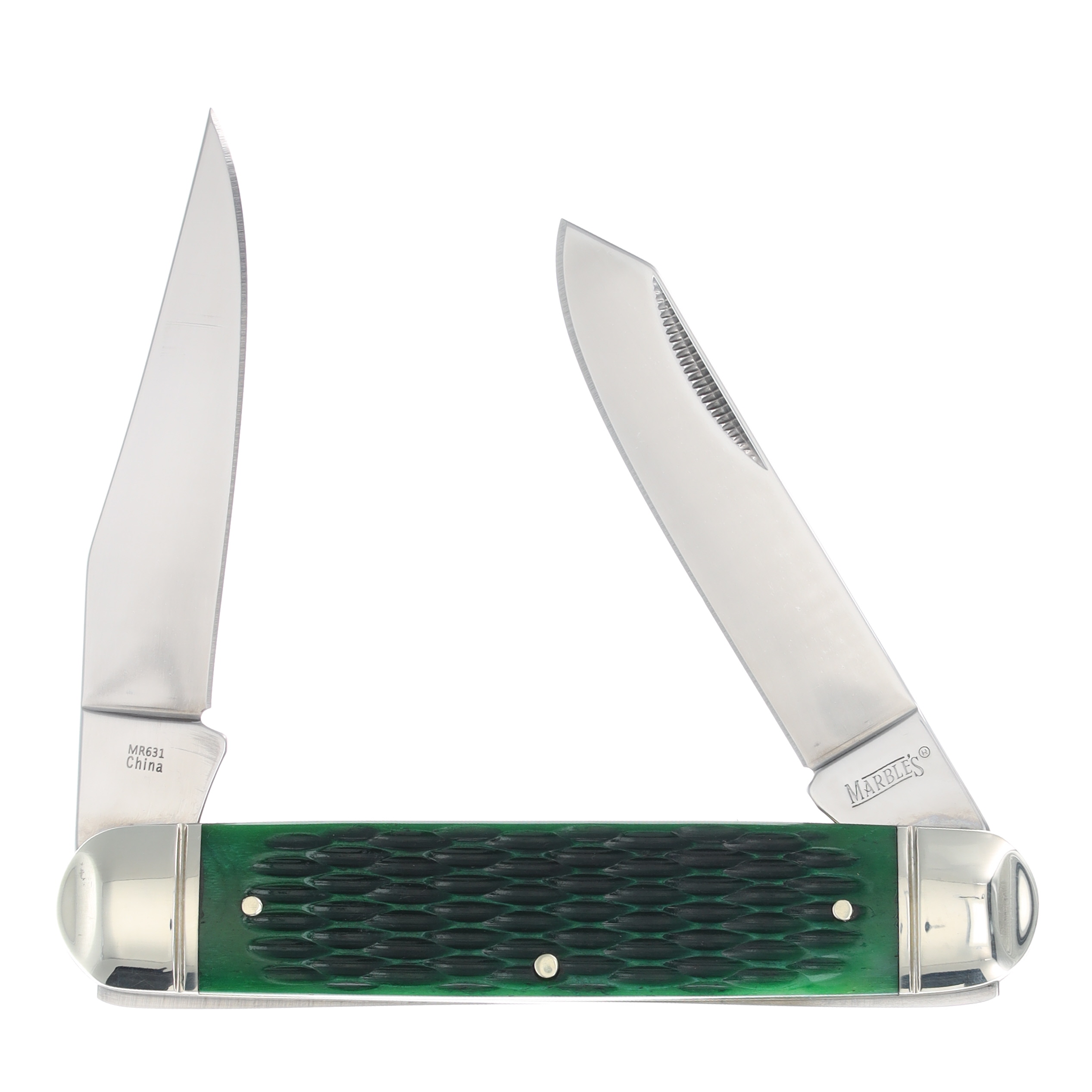 Marble's 2-Blade Green Jigged Bone Cigar Jack Folding Knife MR631 View 2