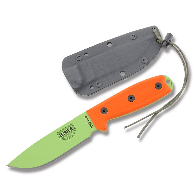 ESEE 4P Fixed Blade Knife 4.5in Plain Edge Orange G10 Venom Green ESEE4VG View 1