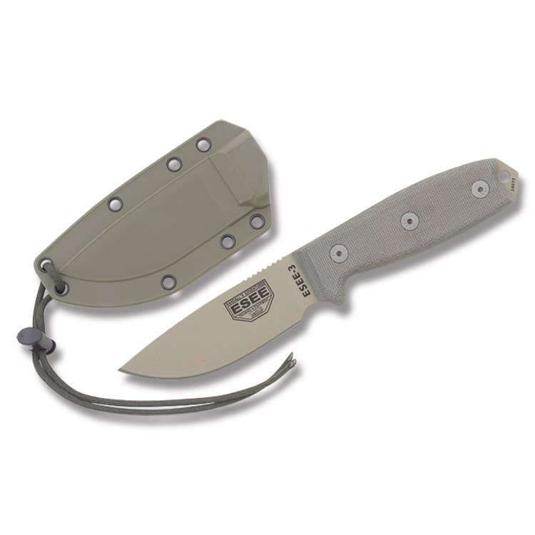 ESEE 3 Fixed Blade Knife Desert Tan 1095/Micarta with MOLLE Sheath ESEE3PMBDT View 1