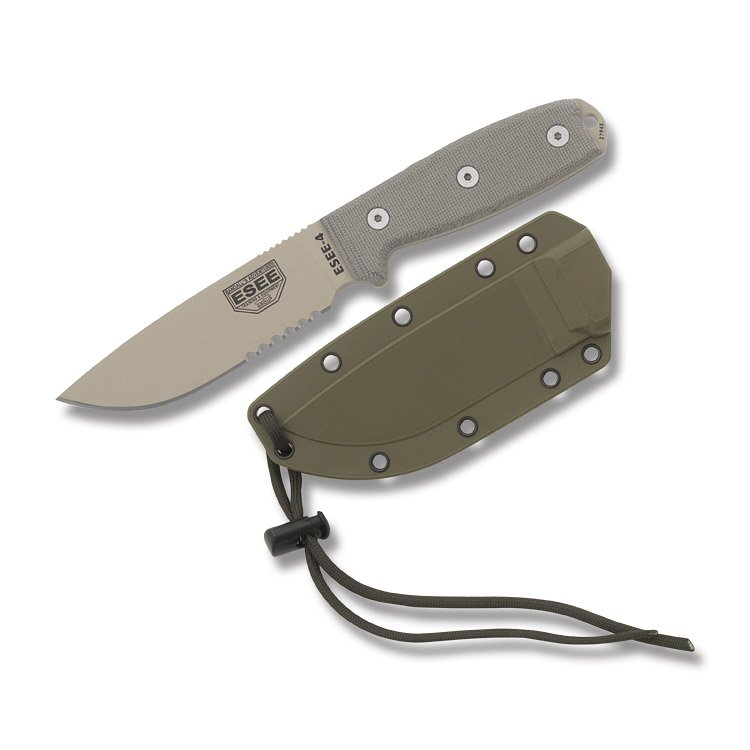 ESEE 4S Fixed Blade Knife Partially Serrated Tan 1095/Gray Linen Micarta with OD Sheath ESEE4SDT View 1
