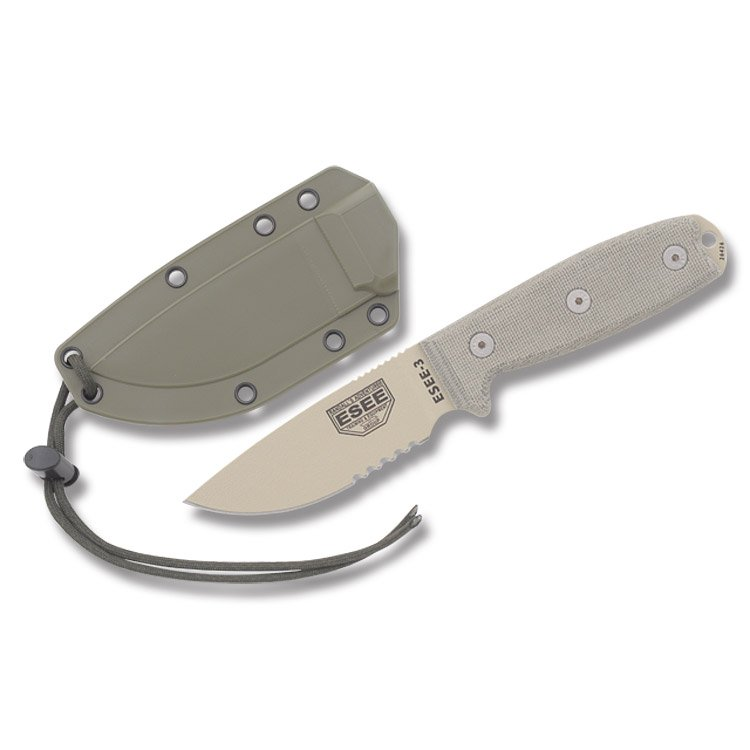 ESEE 3PM MB Fixed Blade Knife 3.88in Serrated Edge Micarta Desert Tan ESEE3SMMBDT View 1