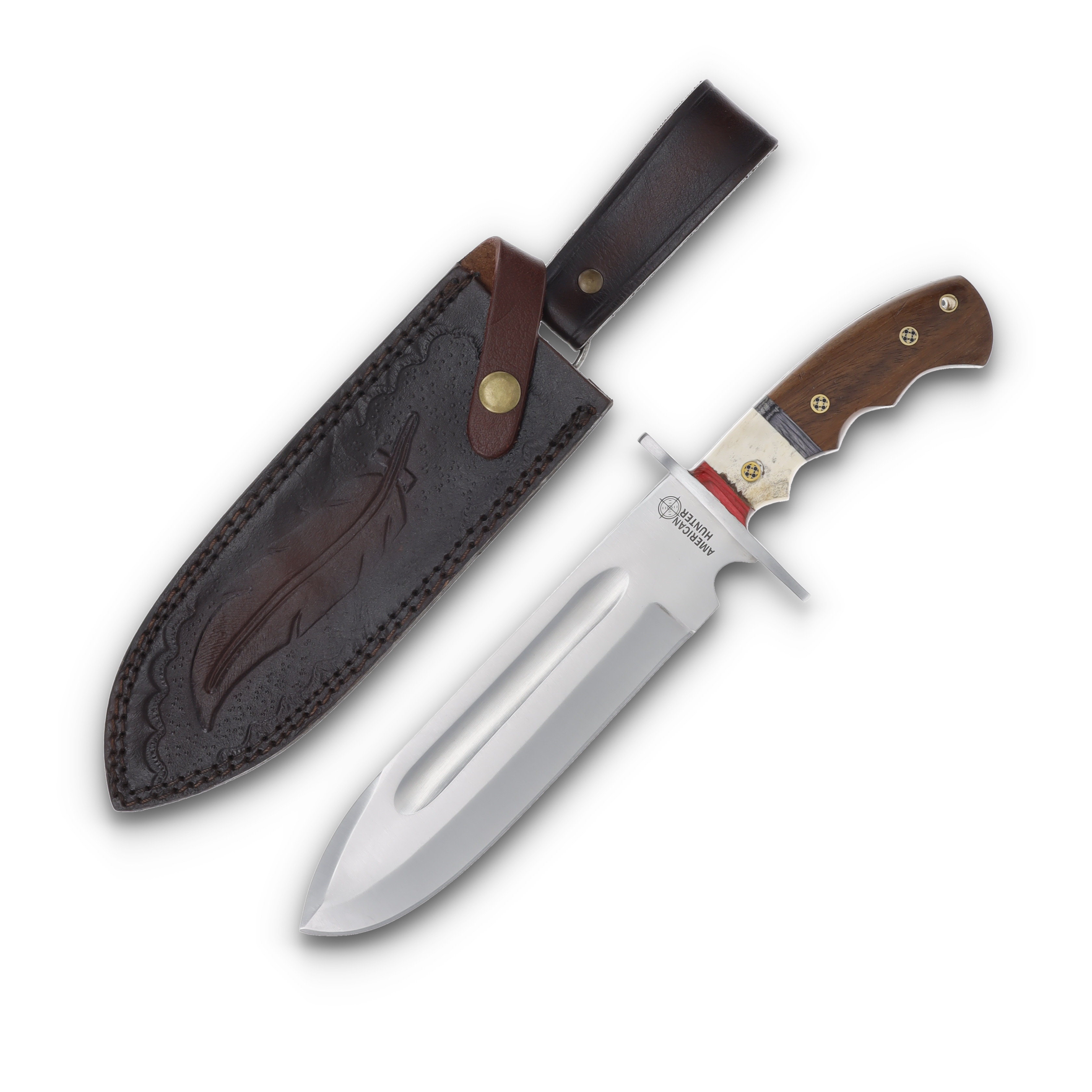American Hunter Blood Groove Bowie Knife Wood and Bone 8.25” Blade AH029 View 1