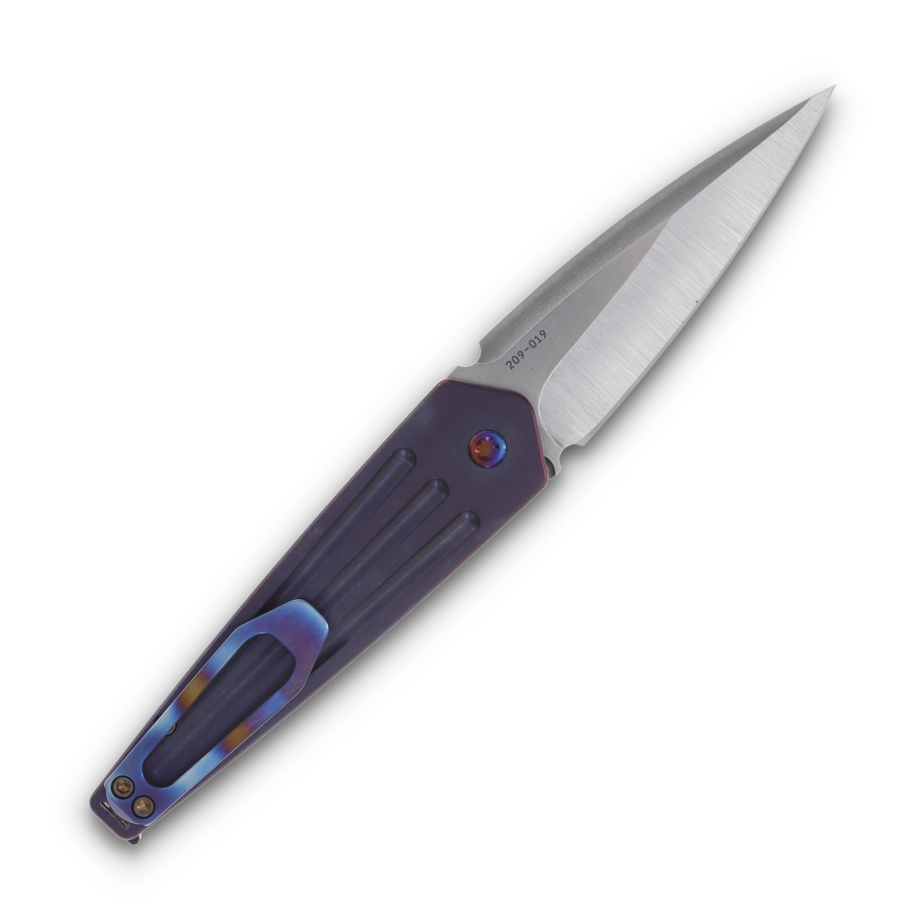 Medford Nosferatu OTS Knife Violet Flamed - 3.5in Tumbled Spear Point Plain View 2