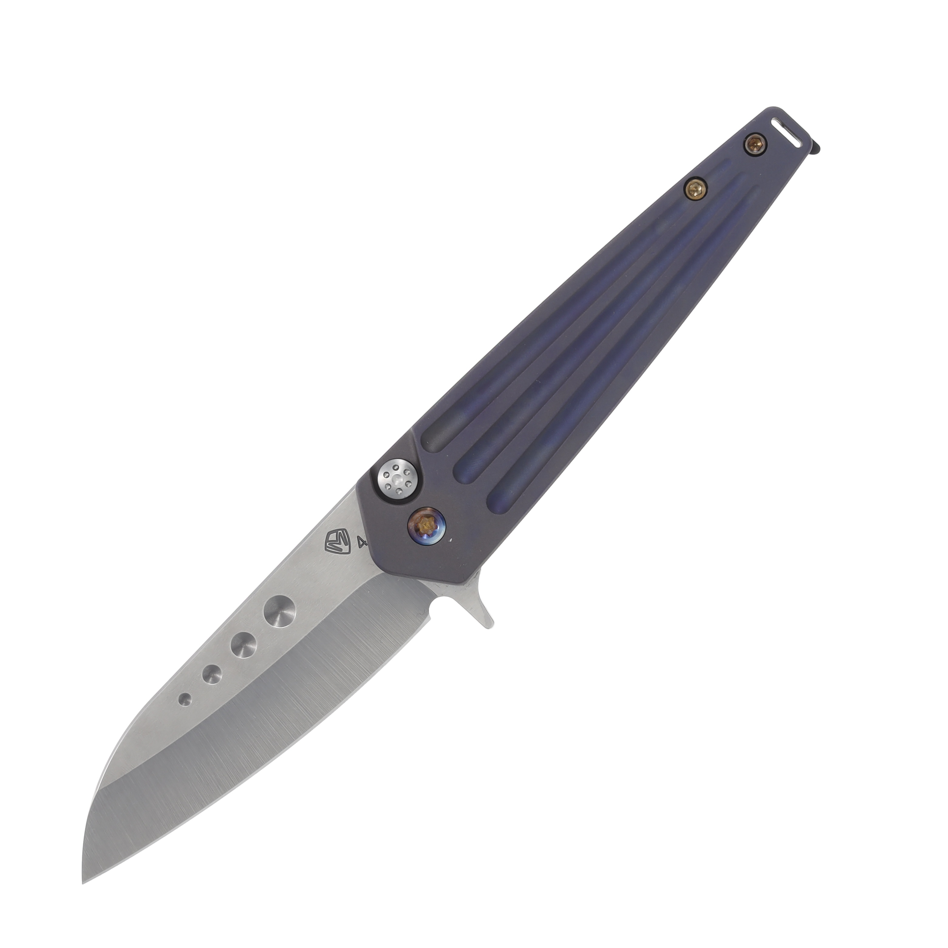 Medford Nosferatu Flipper Button Lock Folding Knife (Tumbled S45VN, Bead Blasted Violet Handles, Flamed Hardware) MK2104TQ-38A3-TFCF-BN View 1