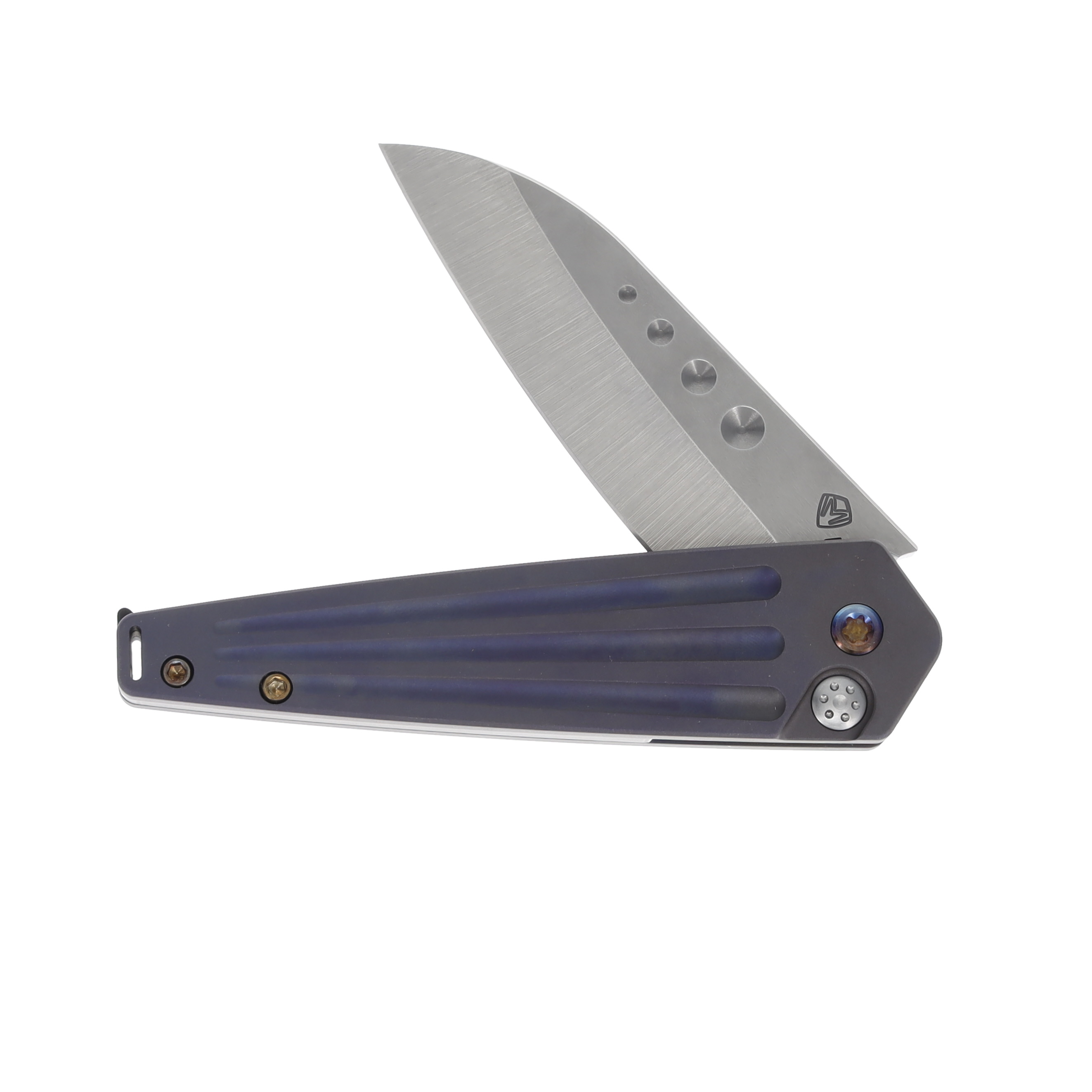 Medford Nosferatu Flipper Button Lock Folding Knife (Tumbled S45VN, Bead Blasted Violet Handles, Flamed Hardware) MK2104TQ-38A3-TFCF-BN View 3