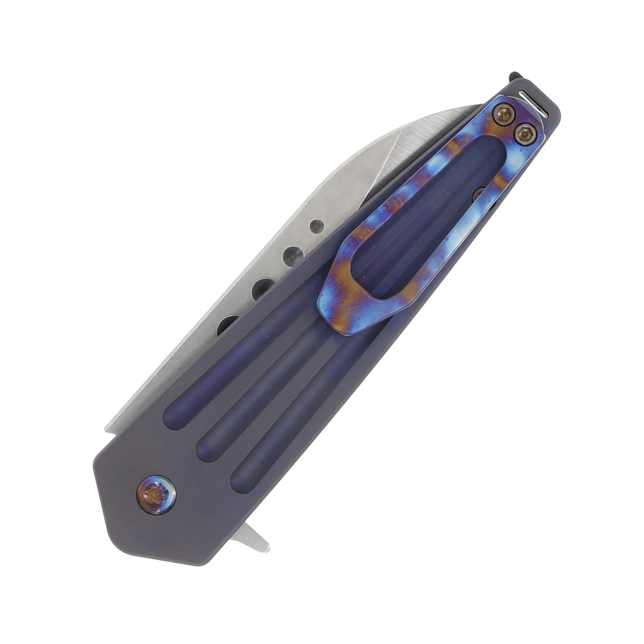 Medford Nosferatu Flipper Button Lock Folding Knife (Tumbled S45VN, Bead Blasted Violet Handles, Flamed Hardware) MK2104TQ-38A3-TFCF-BN View 6