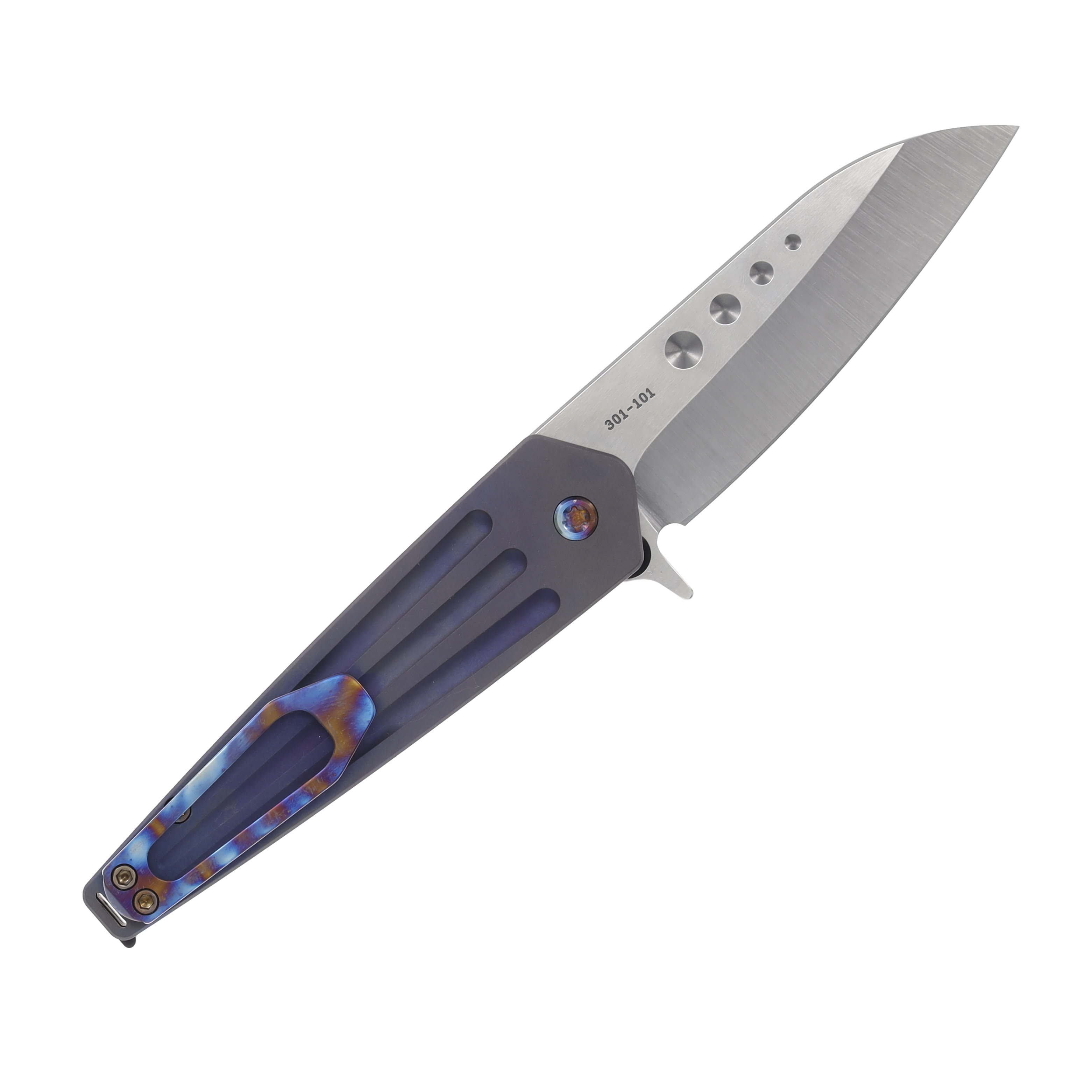 Medford Nosferatu Flipper Button Lock Folding Knife (Tumbled S45VN, Bead Blasted Violet Handles, Flamed Hardware) MK2104TQ-38A3-TFCF-BN View 2