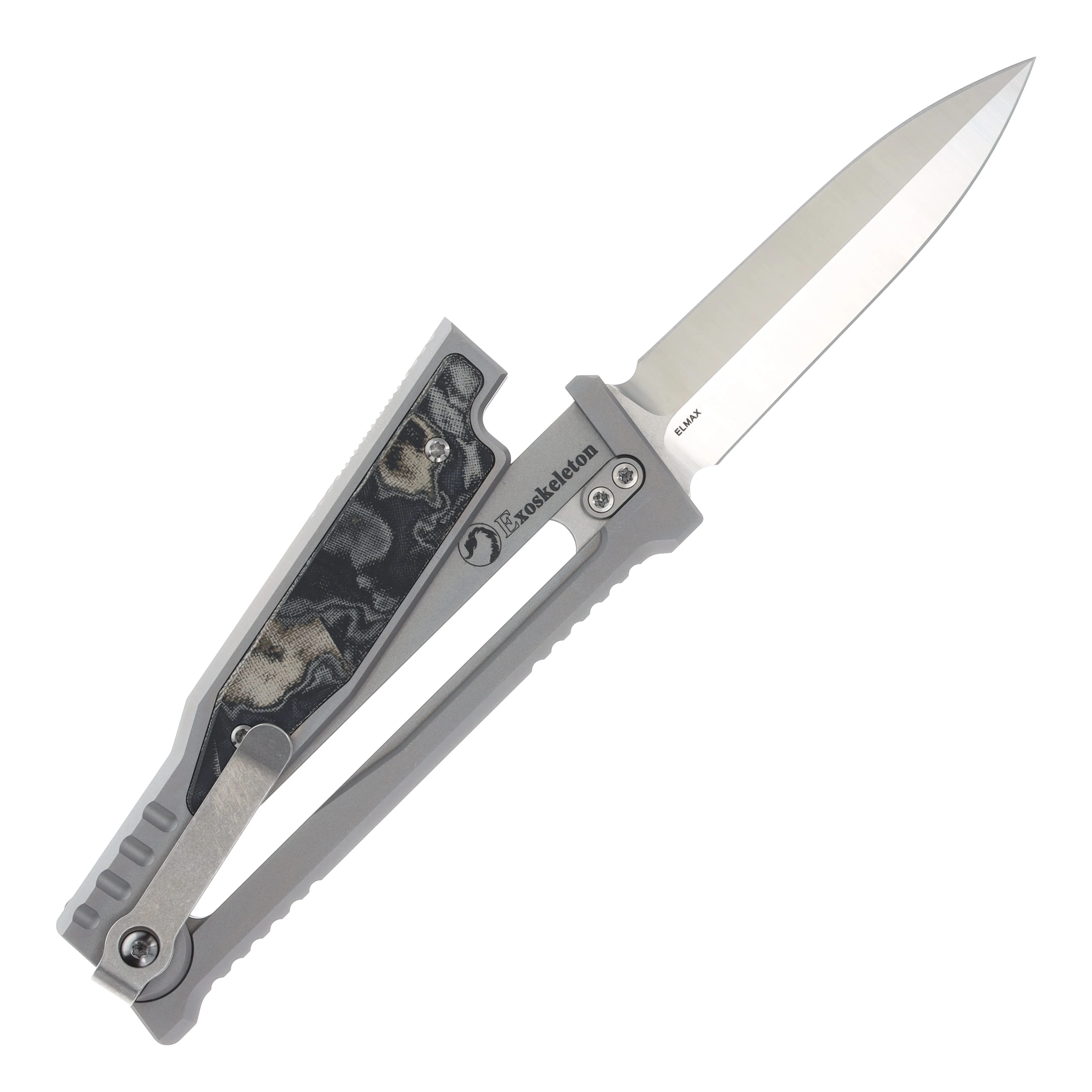 Reate Exo-M Safety Lock Gravity Knife Elmax Dagger Green/Black Burl Linen Micarta REEXOMEDEBLBGM View 4