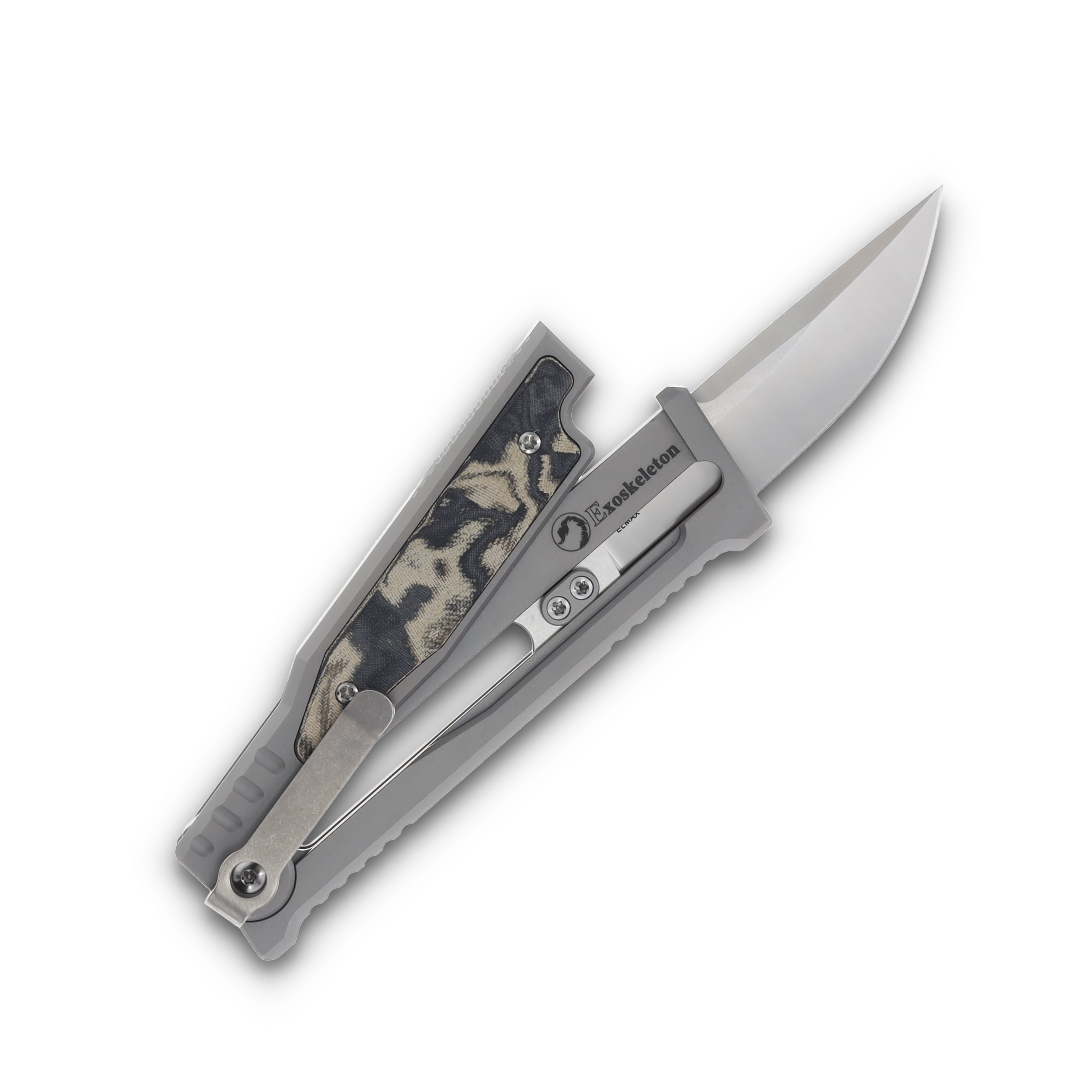 Reate Exo-M Safety Lock Gravity Knife (Elmax Drop Point, Green/Black Burl Linen Micarta) REEXOMEDPBLBGM View 4