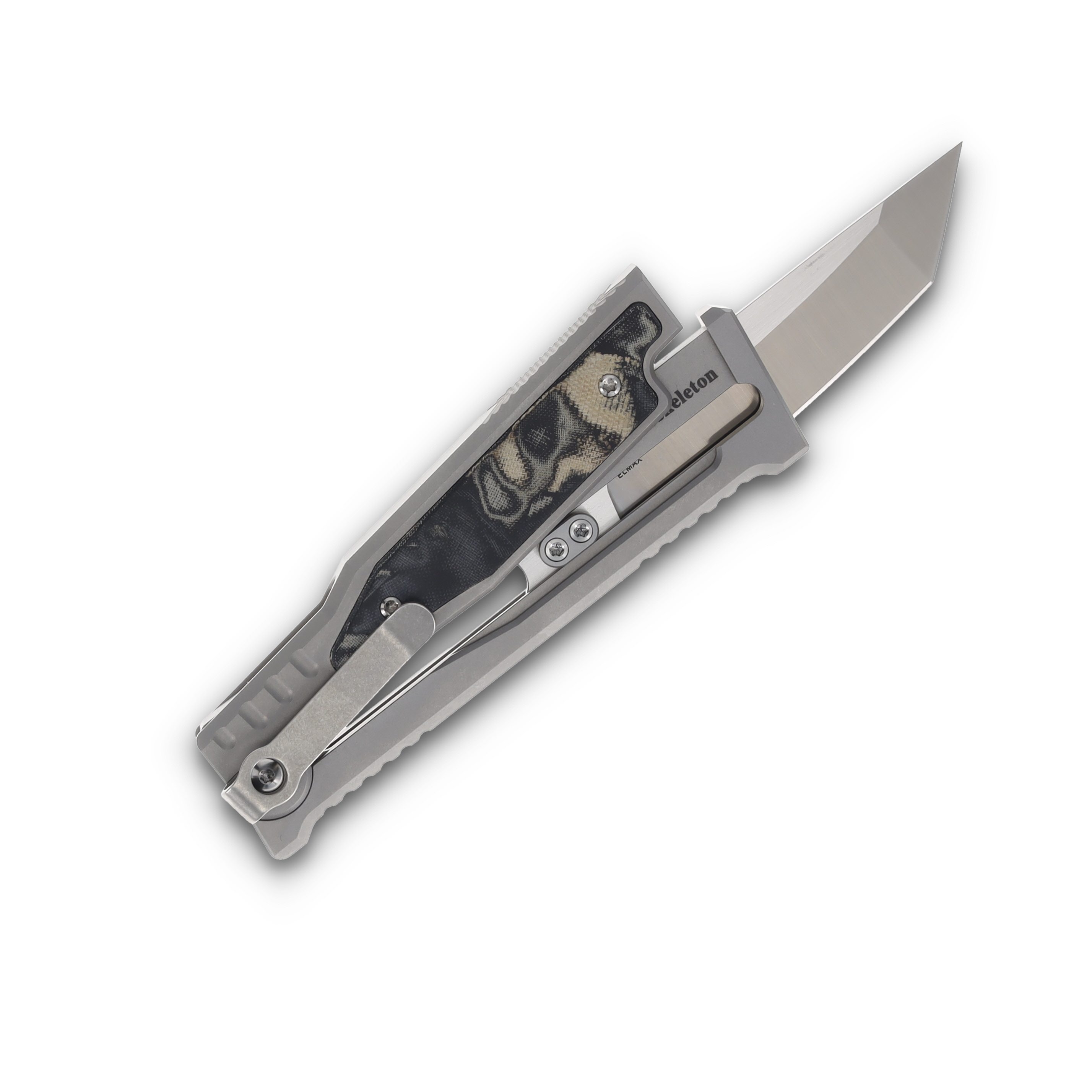 Reate Exo-M Safety Lock Gravity Knife (Elmax Tanto, Green/Black Burl Linen Micarta) REEXOMETBLBGM View 4