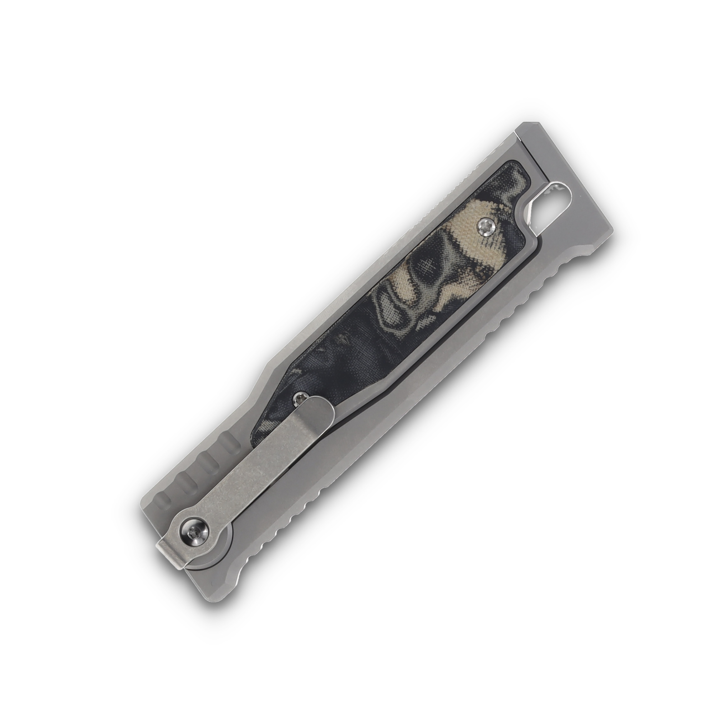 Reate Exo-M Safety Lock Gravity Knife (Elmax Tanto, Green/Black Burl Linen Micarta) REEXOMETBLBGM View 5