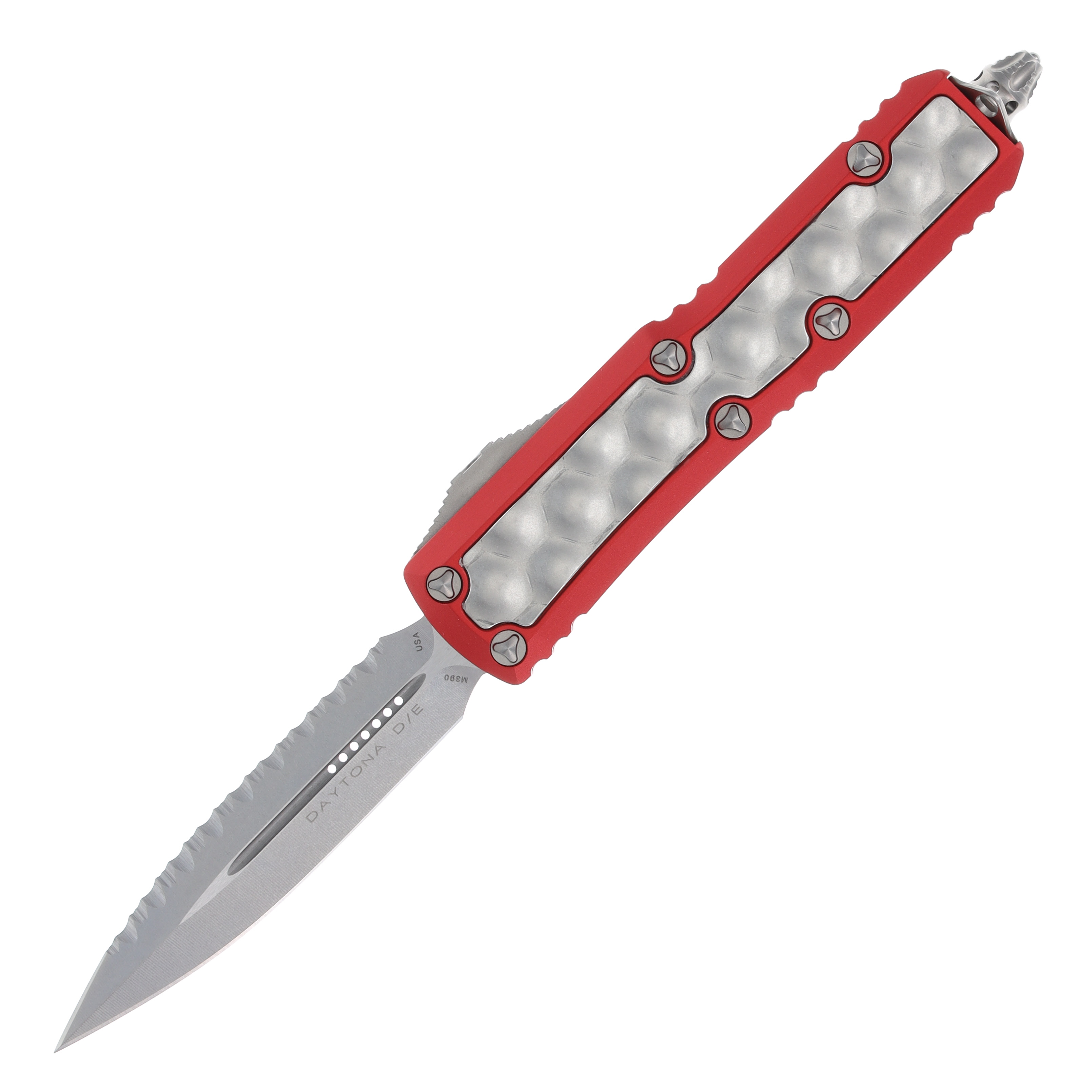 Microtech UTX-85 Daytona Signature Series OTF Automatic Stonewash Serrated Dagger/Red Bubble Titanium AUMT12612RDBIS View 1