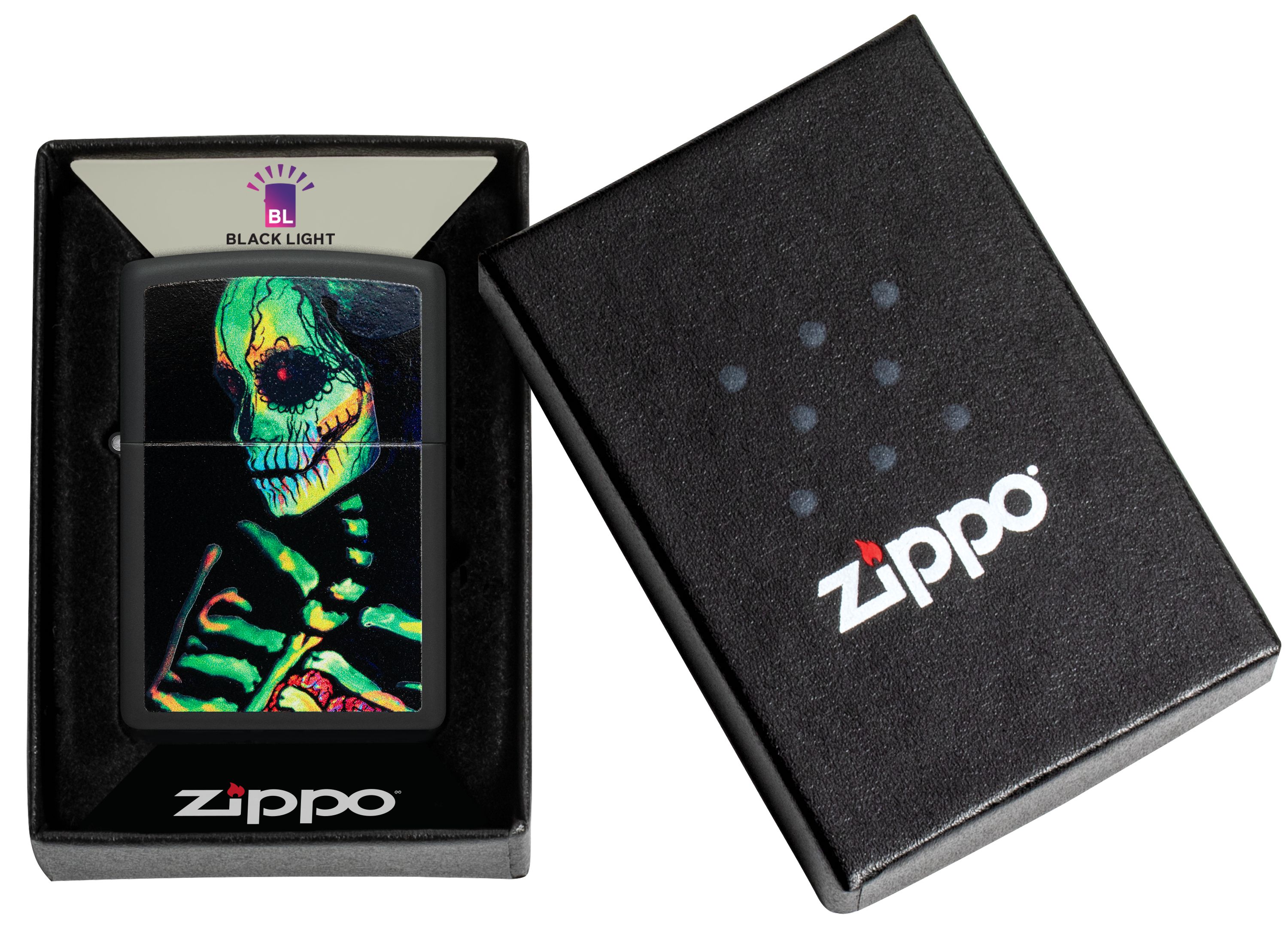 Zippo Lighter Skeleton Woman Black Matte Black Light Blue ZP48761 View 3