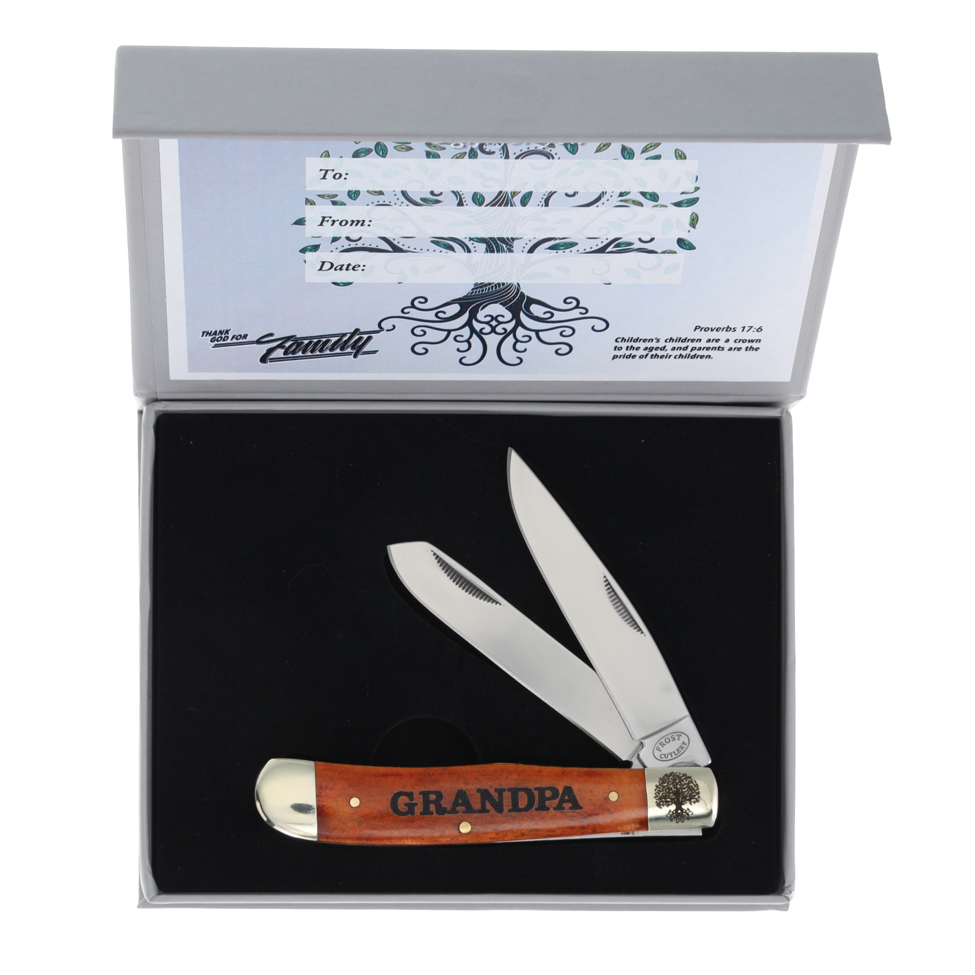 Frost Family Tree Brown Bone Trapper Folding Knife with Display Box-Grandpa FRTREEGP View 1