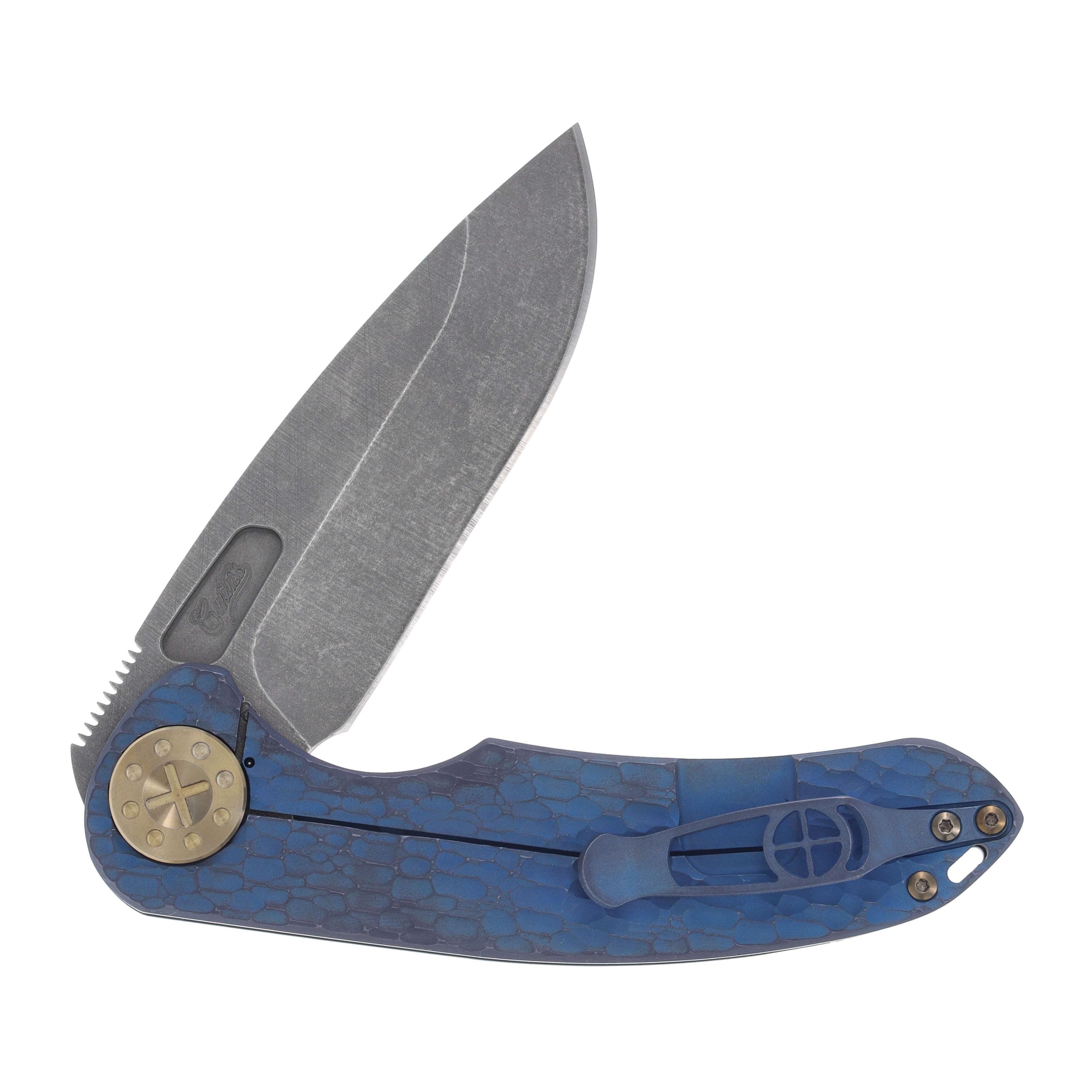 Curtiss Custom F3 Large Slicer Flipper Framelock Folding Knife Blue Blasted/Bronze Titanium CCKF3LSFBLUBLSTBZ View 8
