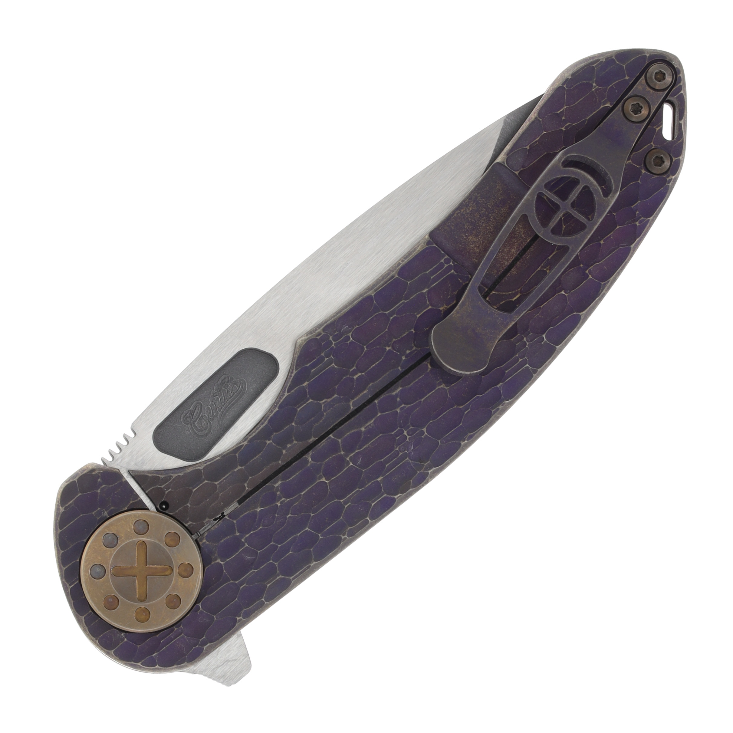 Curtiss Custom Knives F3 Large Framelock Folding Knife (Magnacut Slicer, Two-Tone Purple/Bronze) CCKF3LSFPURBZBZ View 6