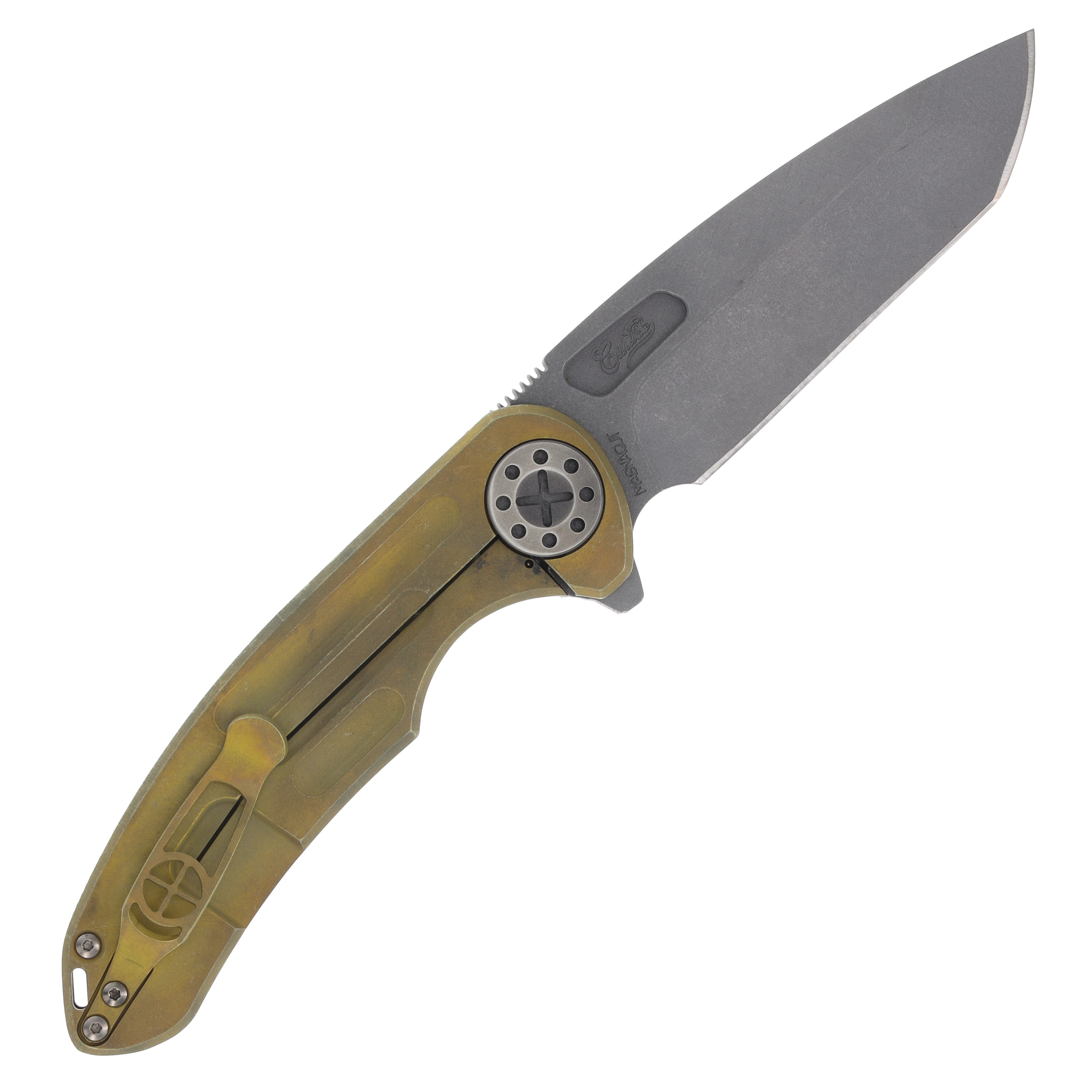 Curtiss Custom Knives F3 Large Framelock Folding Knife (Magnacut Spanto | Yellow Titanium) CCKF3LSPFPYELBLSTBLST View 2