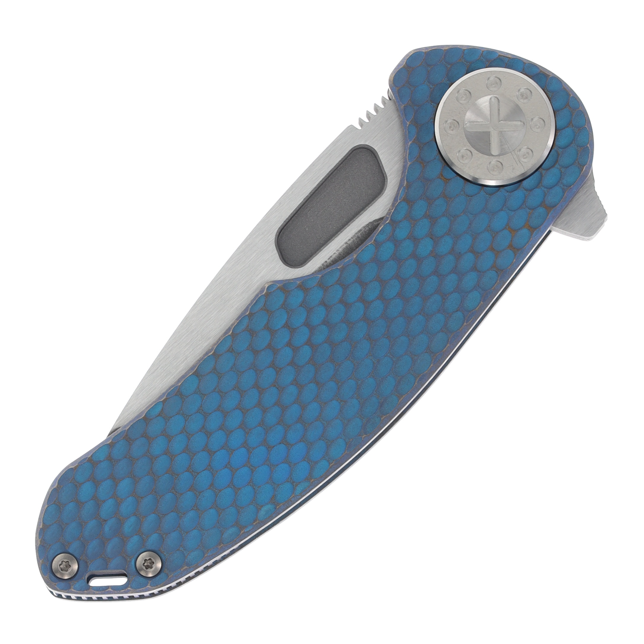 Curtiss Custom Knives F3 Medium Framelock Flipper Folding Knife Magnacut Spanto, Bronzed Blue Titanium CCKF3MSPFBLUBZ View 11