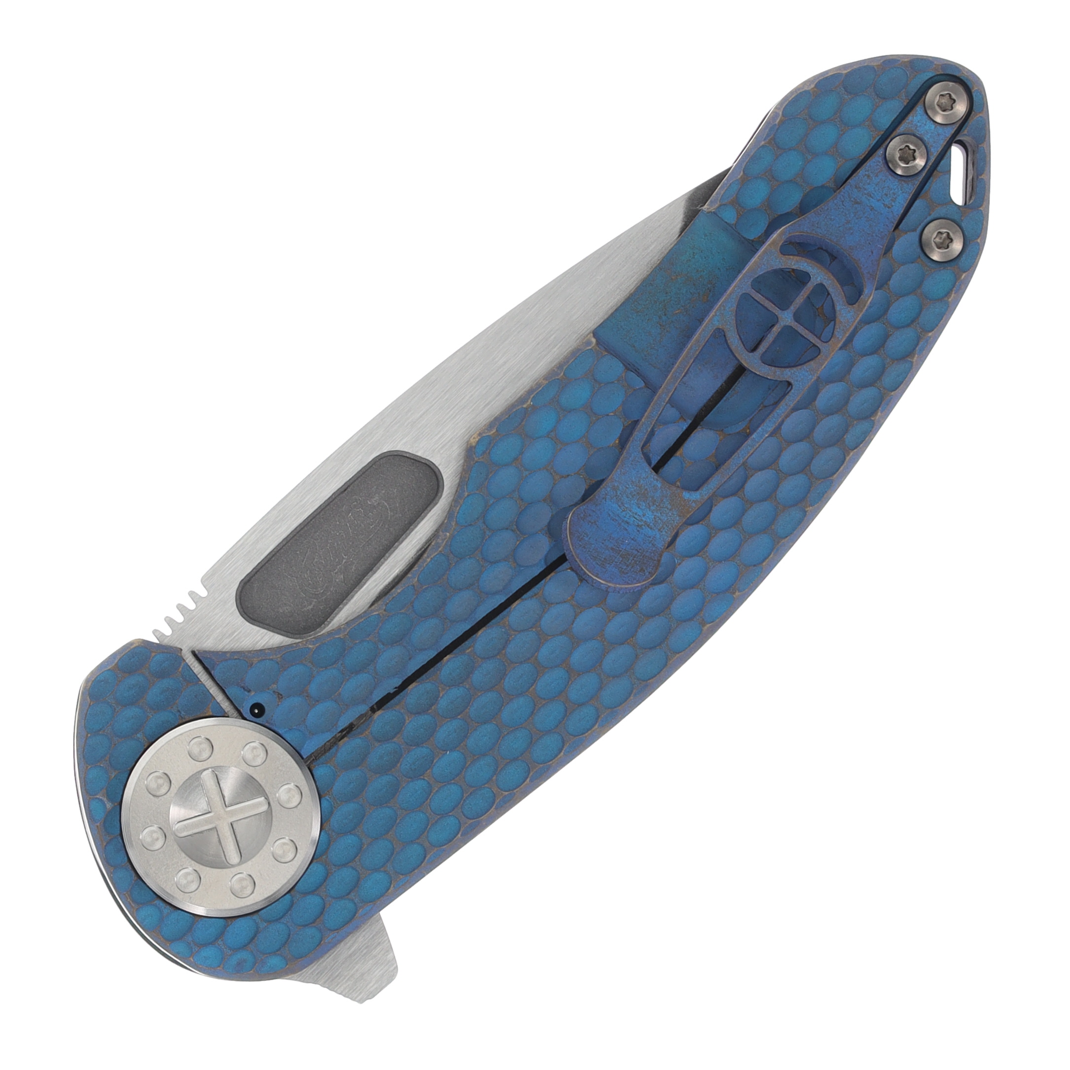 Curtiss Custom Knives F3 Medium Framelock Flipper Folding Knife Magnacut Spanto, Bronzed Blue Titanium CCKF3MSPFBLUBZ View 10