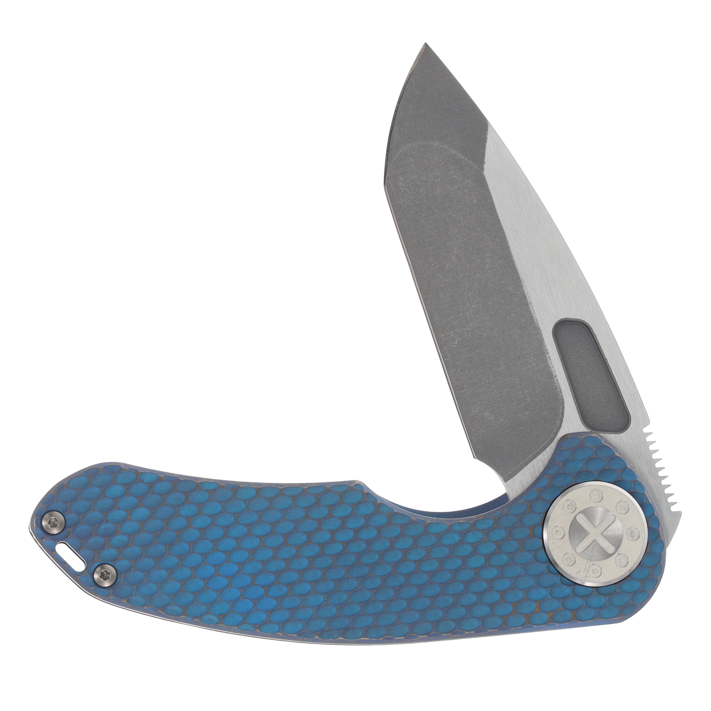 Curtiss Custom Knives F3 Medium Framelock Flipper Folding Knife Magnacut Spanto, Bronzed Blue Titanium CCKF3MSPFBLUBZ View 13