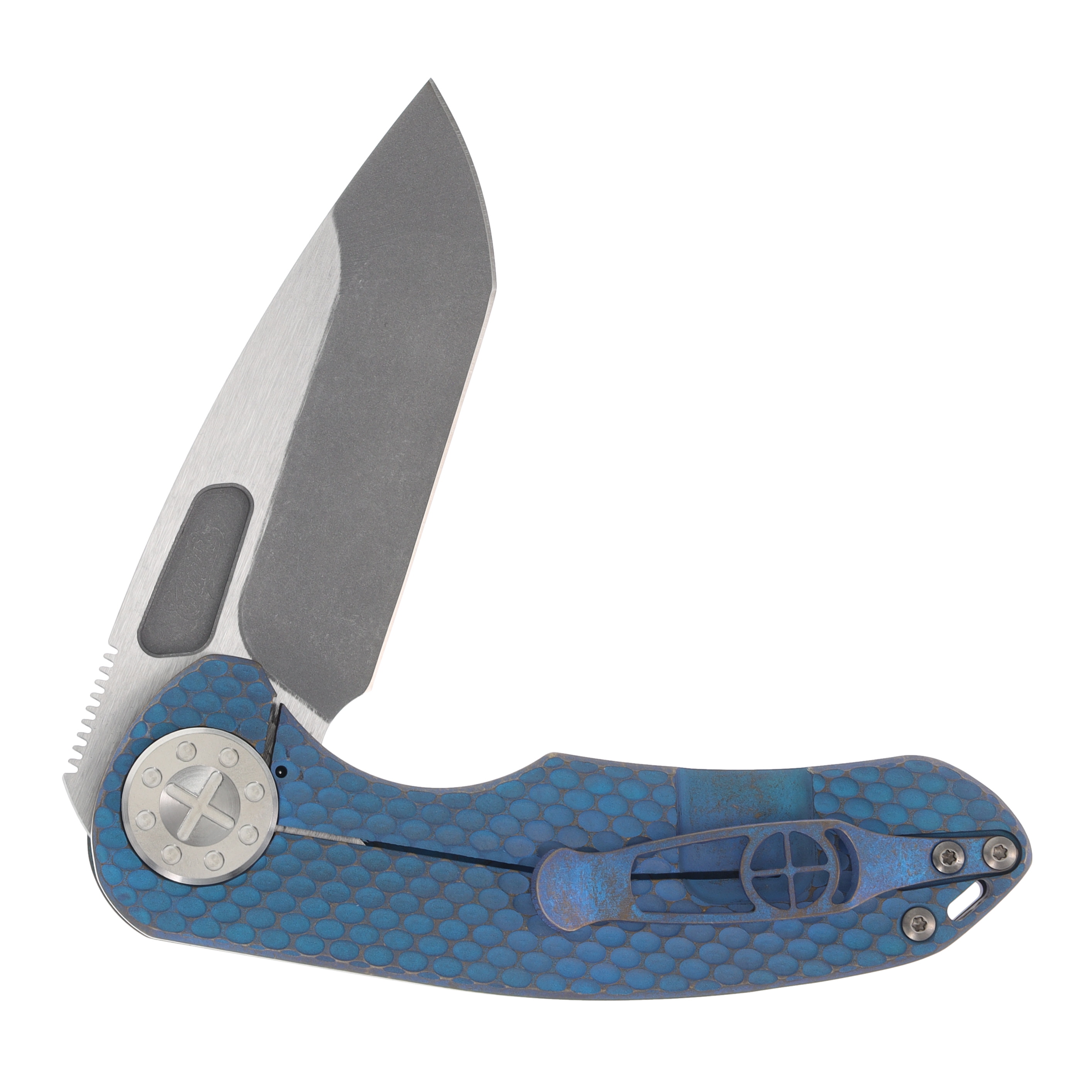 Curtiss Custom Knives F3 Medium Framelock Flipper Folding Knife Magnacut Spanto, Bronzed Blue Titanium CCKF3MSPFBLUBZ View 9