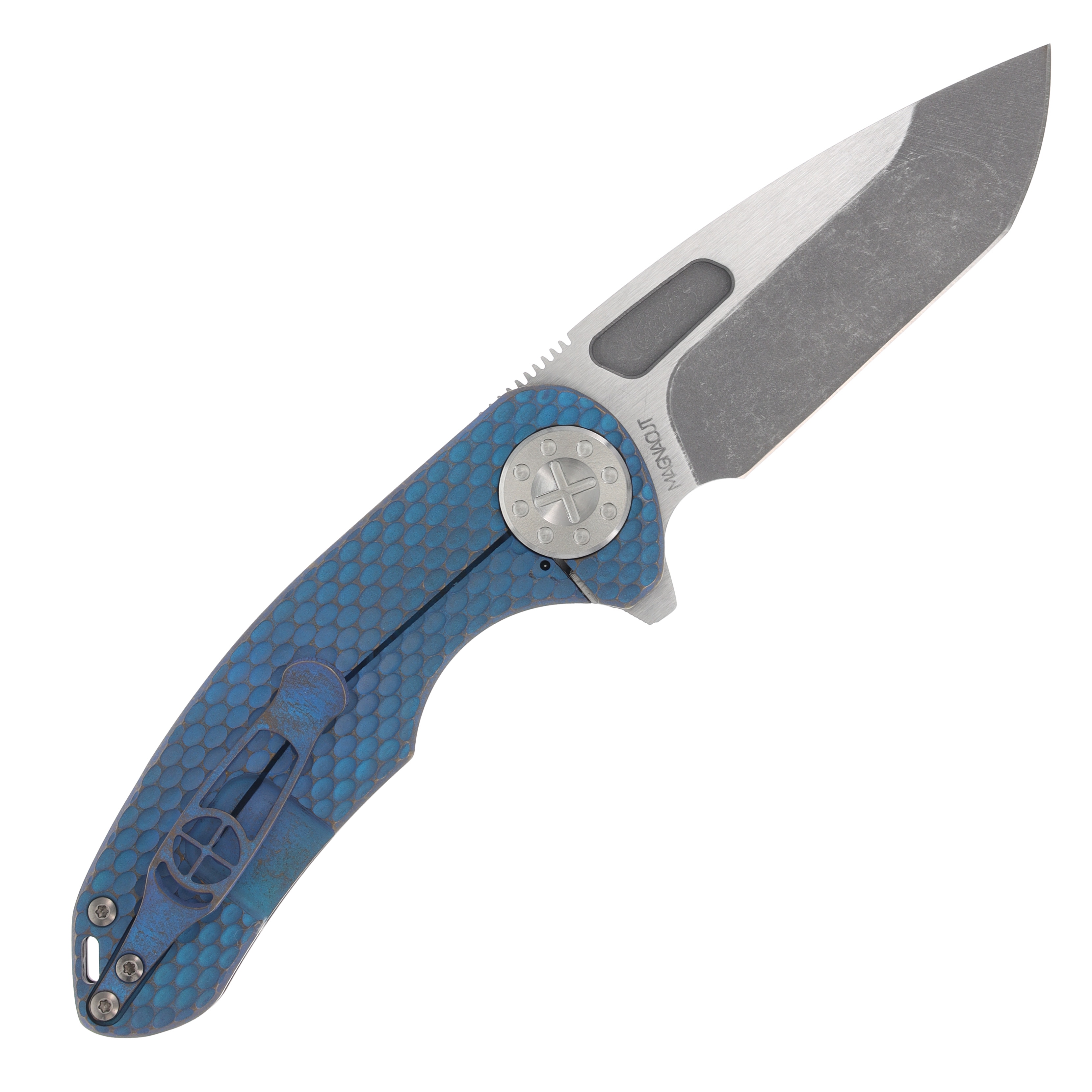 Curtiss Custom Knives F3 Medium Framelock Flipper Folding Knife Magnacut Spanto, Bronzed Blue Titanium CCKF3MSPFBLUBZ View 8