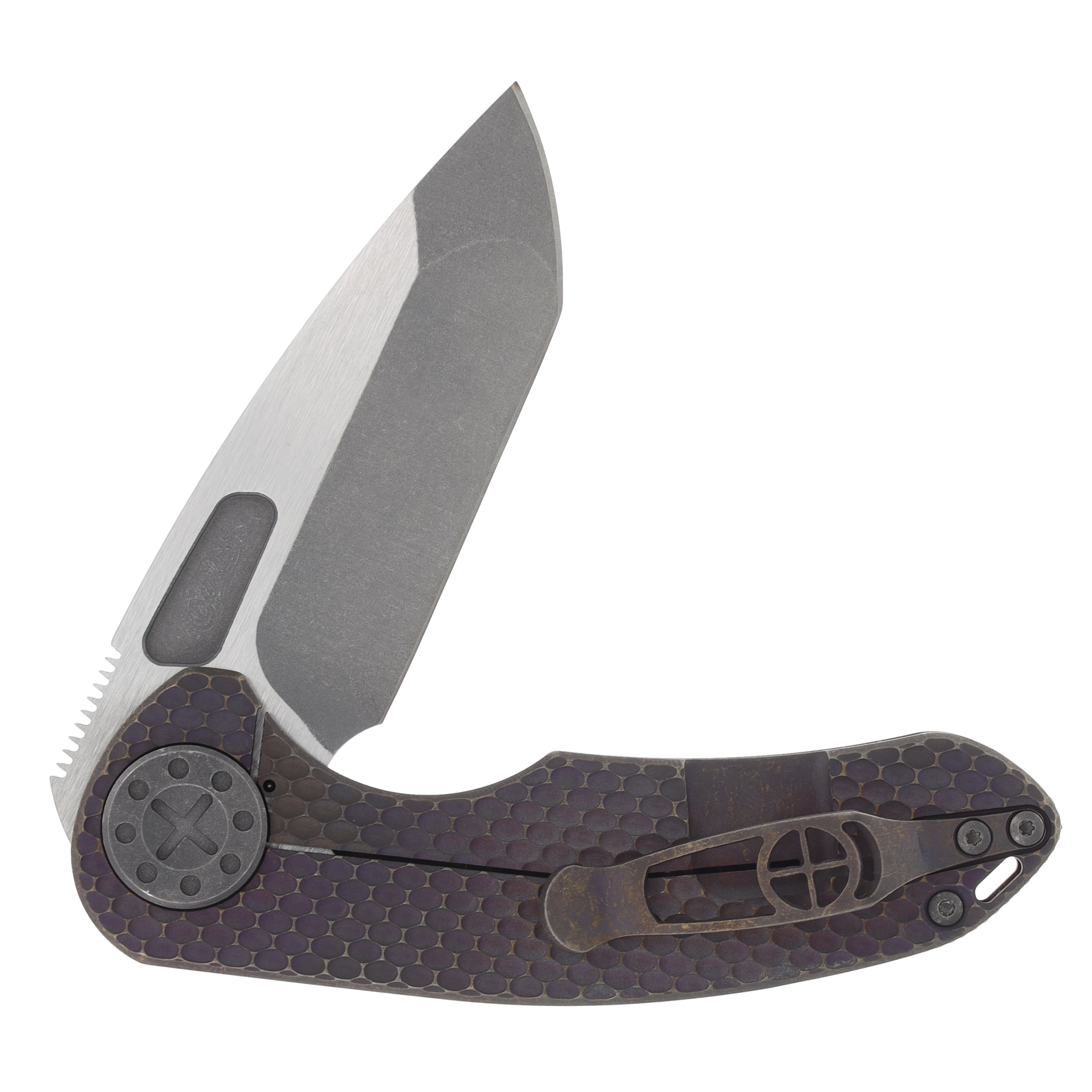 Curtiss Custom Knives F3 Medium Framelock Flipper Folding Knife Magnacut Spanto, Root Beer/Bronze Titanium CCKF3MSPFRBBZBLST View 8