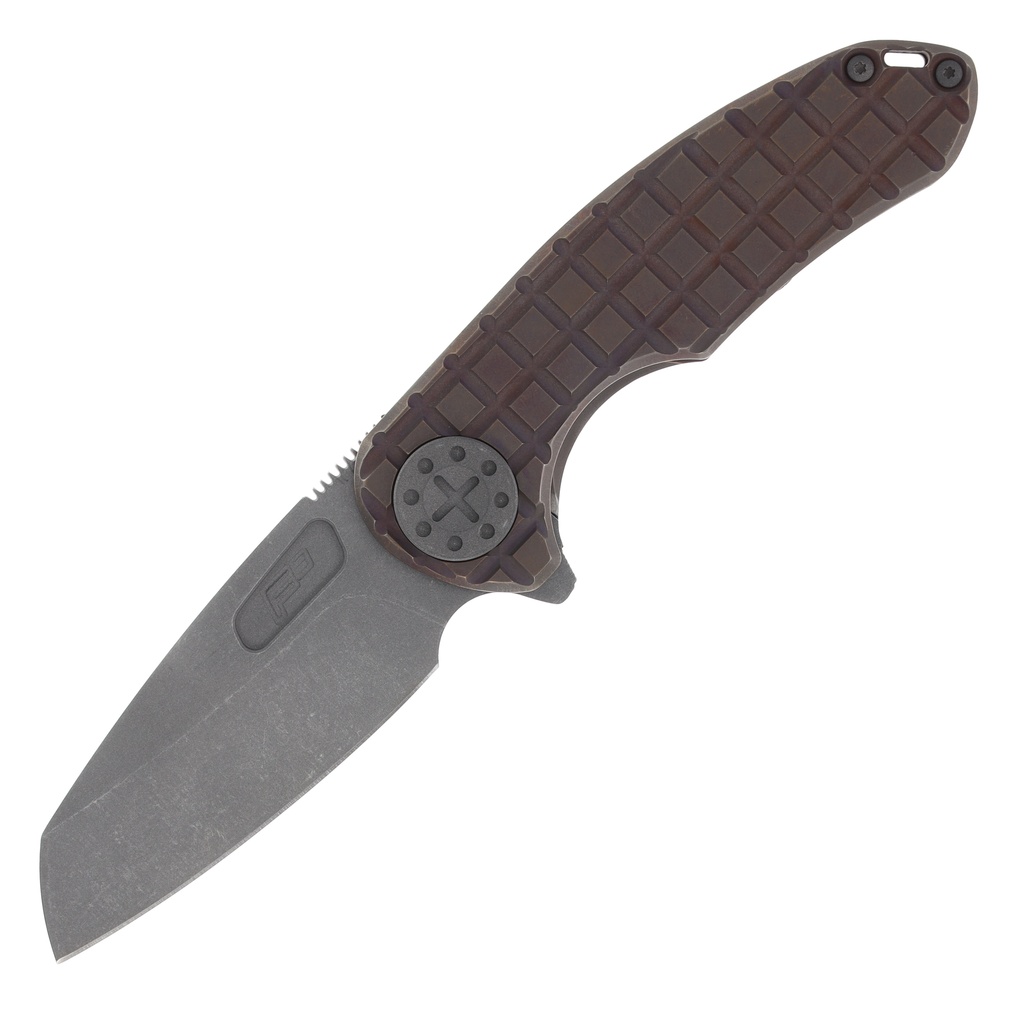 Curtiss Custom Knives F3 Medium Framelock Folding Knife (Magnacut Wharny, Frag-Patterned Bronze) CCKF3MWFBZBLSTBLST View 8